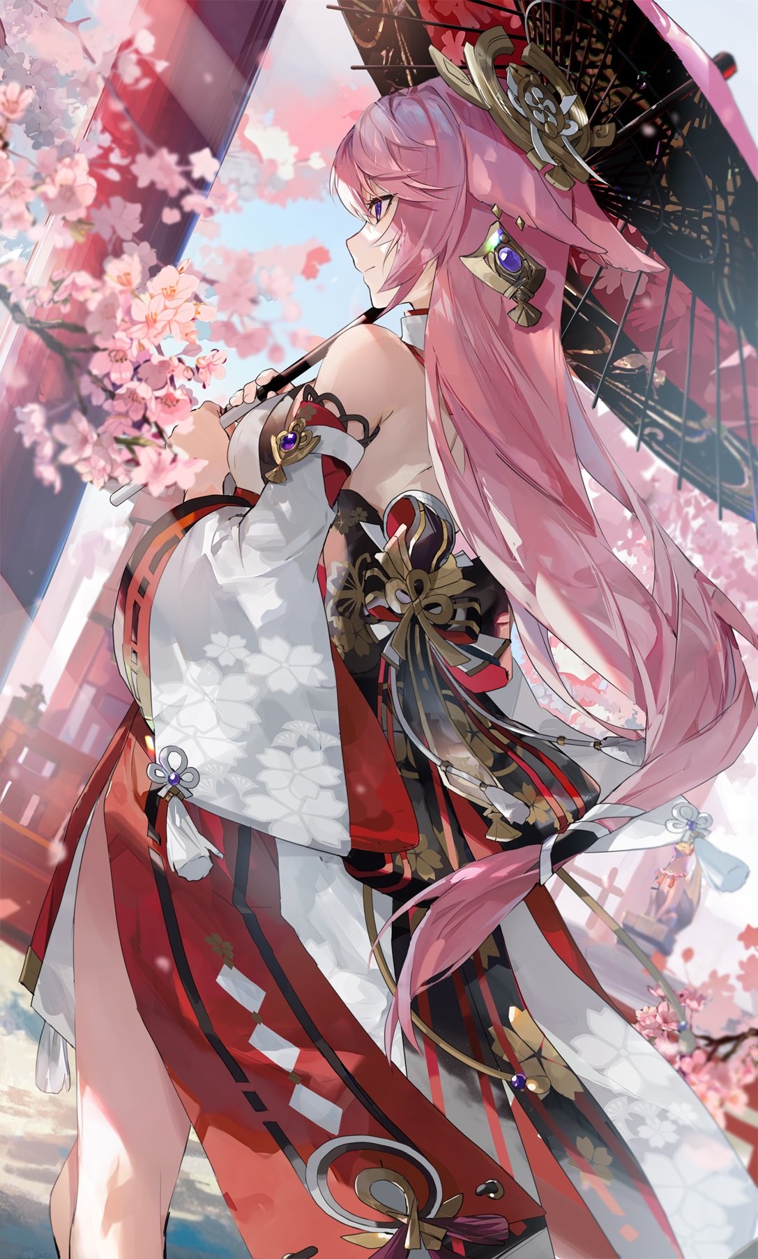 Yae Miko from Genshin Impact with Cherry Blossoms HD Phone Wallpaper