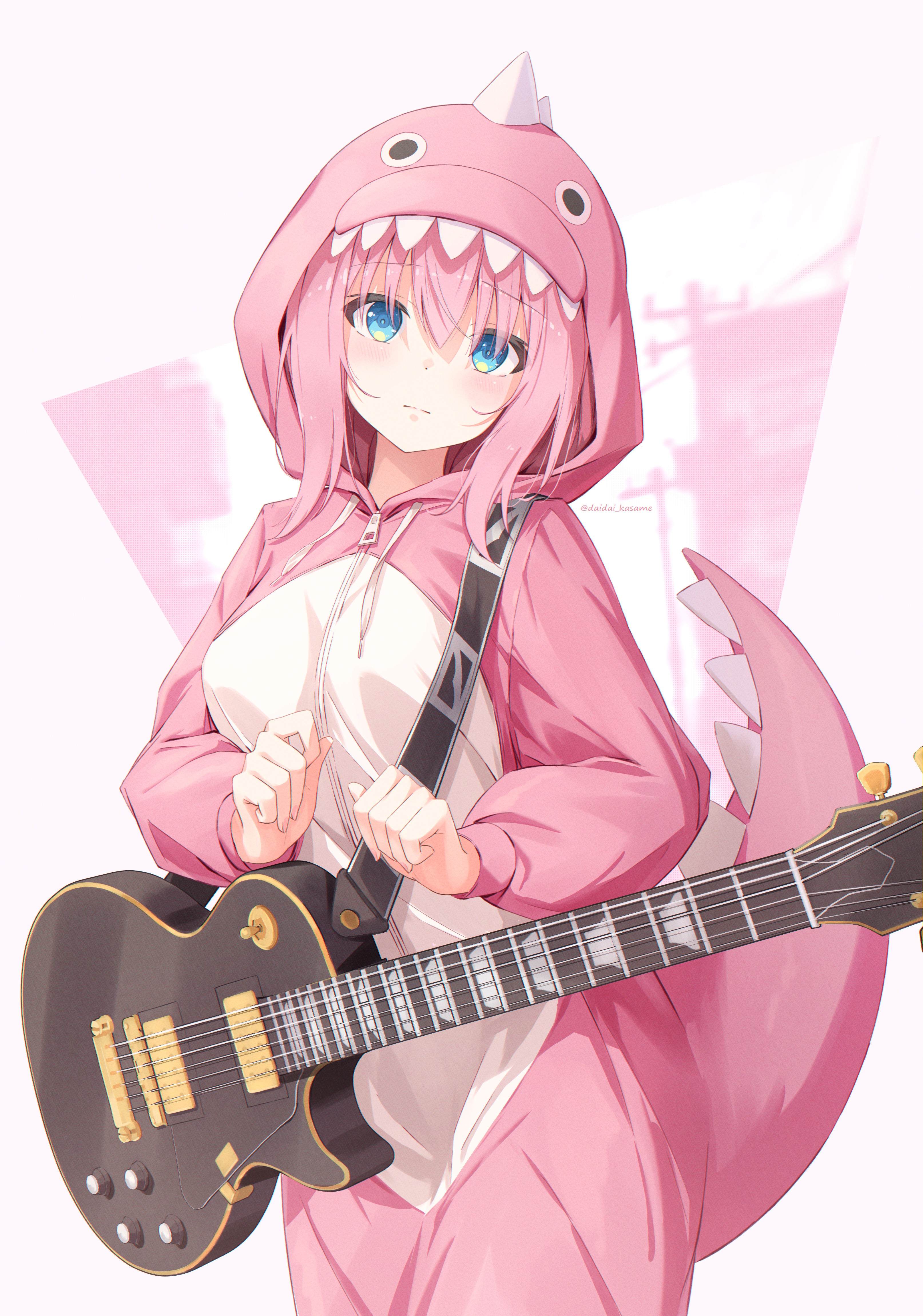 Gotou Hitori in a pink dinosaur costume with a guitar HD Phone Wallpaper
