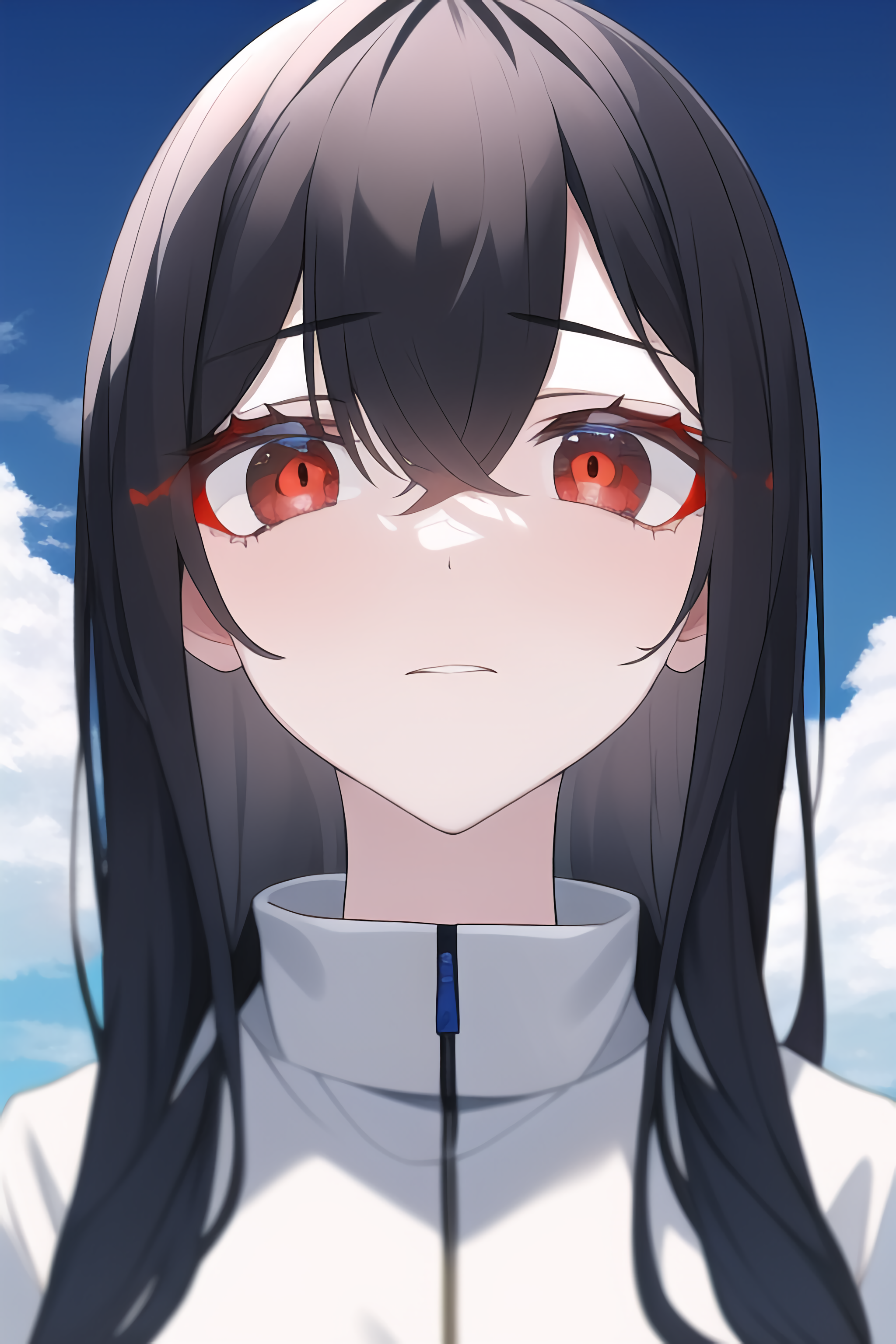 Anime girl with red eyes and black hair HD Phone Wallpaper