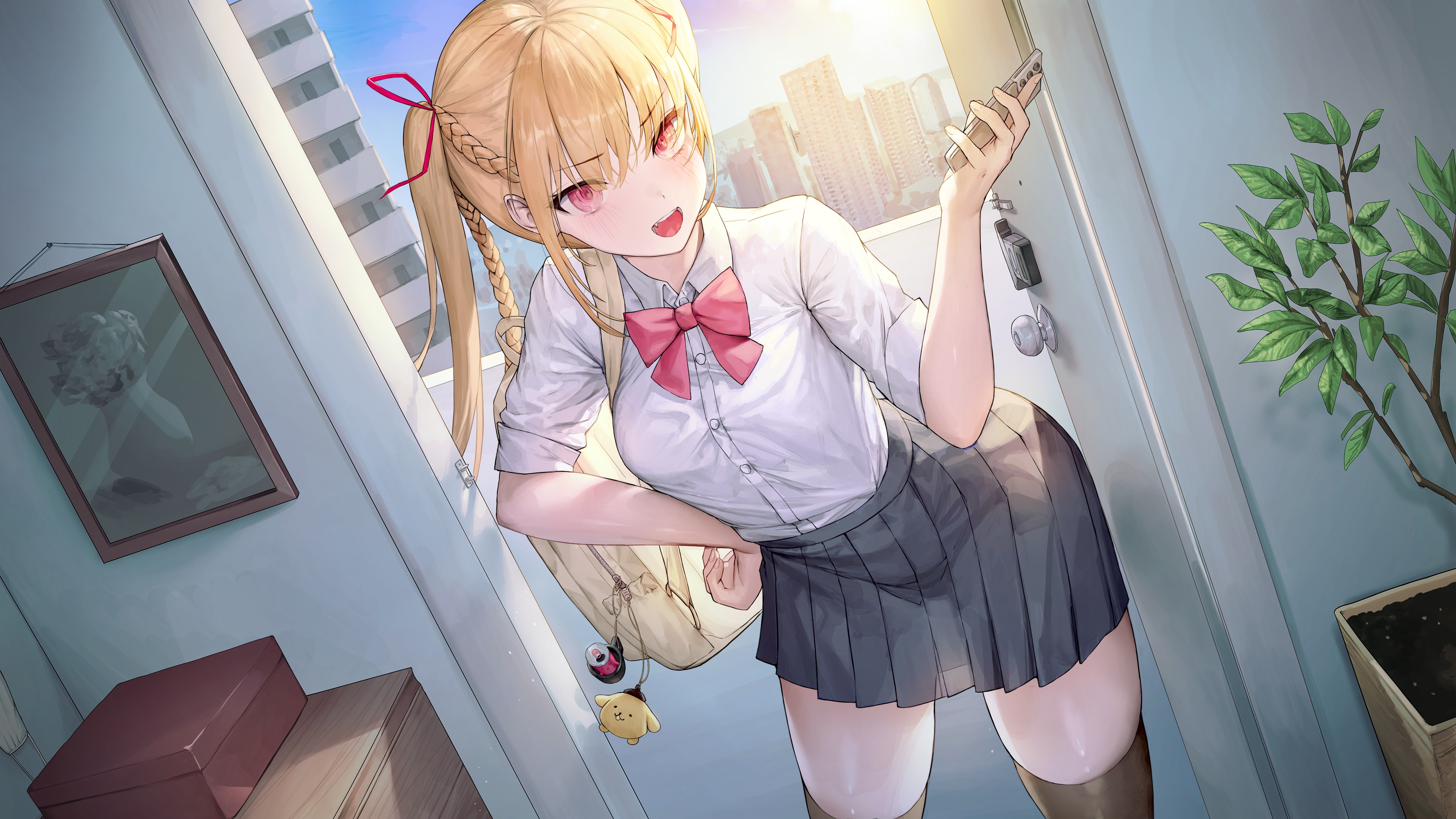 Schoolgirl with braids and red eyes holding a phone HD Wallpaper