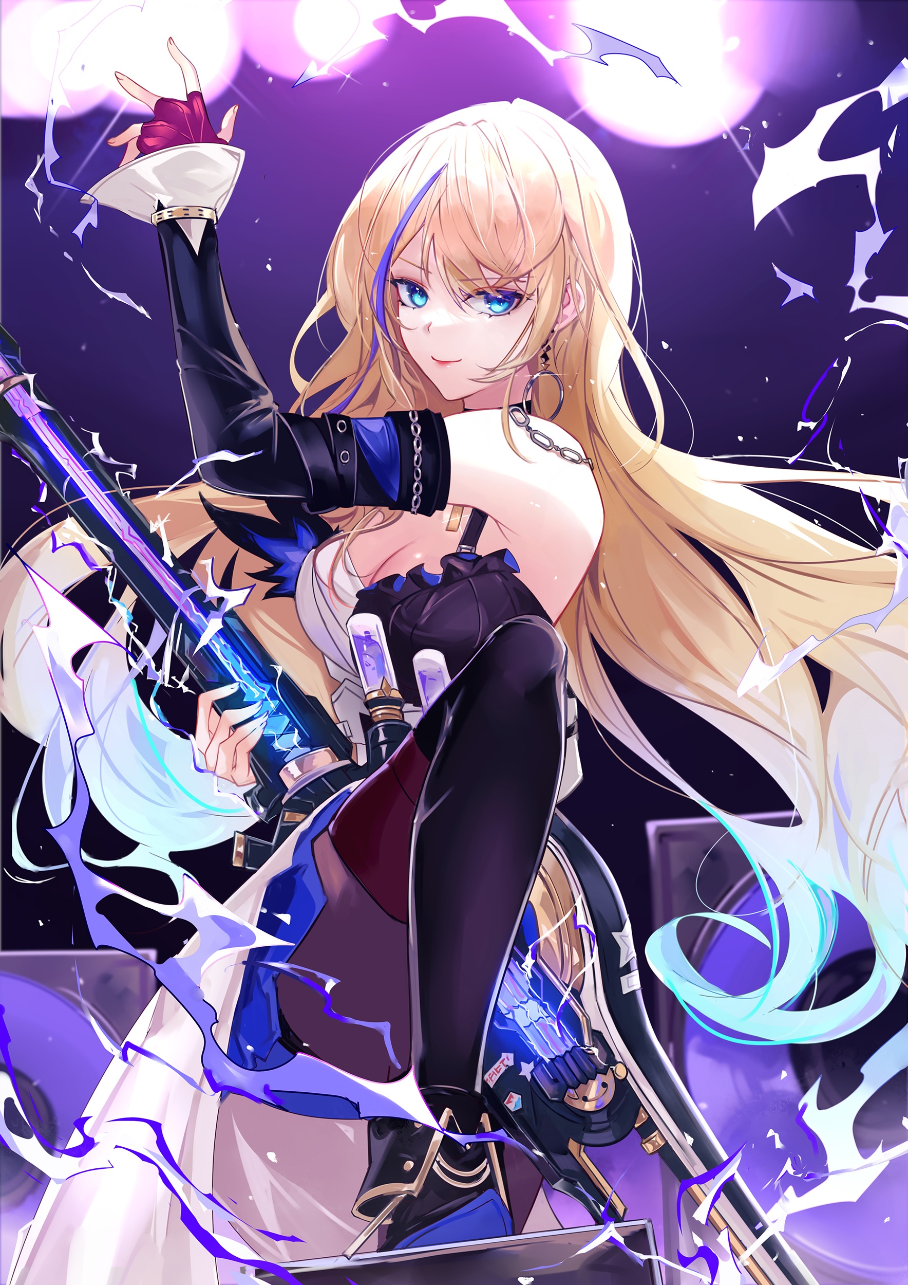 Anime girl with blonde hair and blue eyes holding a weapon HD Phone Wallpaper