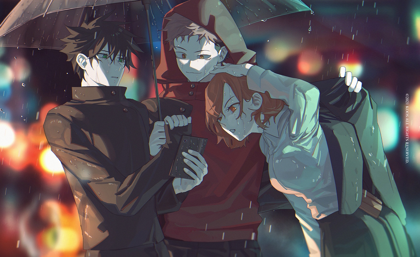 Jujutsu Kaisen characters under an umbrella in the rain HD Wallpaper