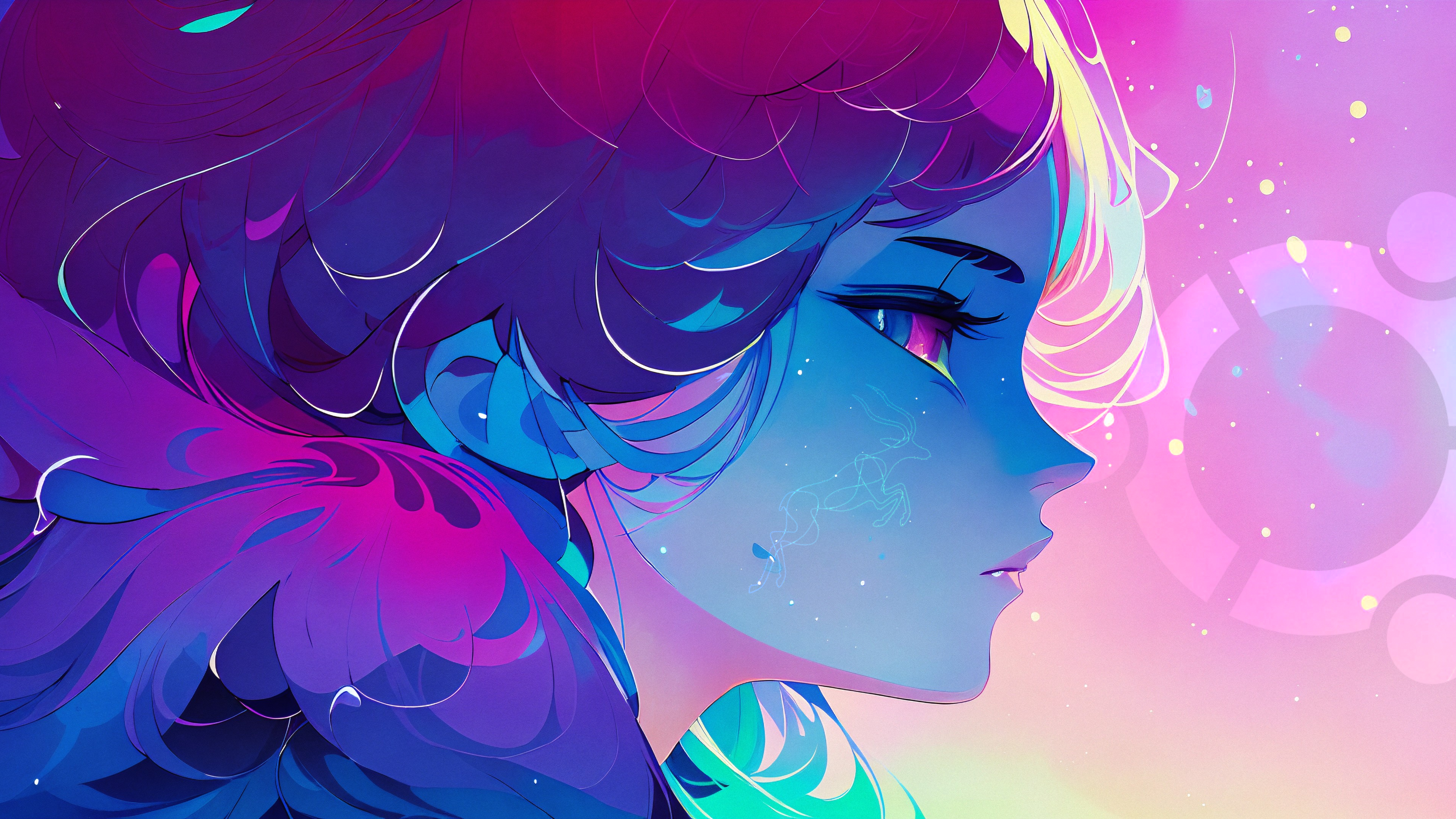 4K anime profile of a woman with colorful hair HD Wallpaper