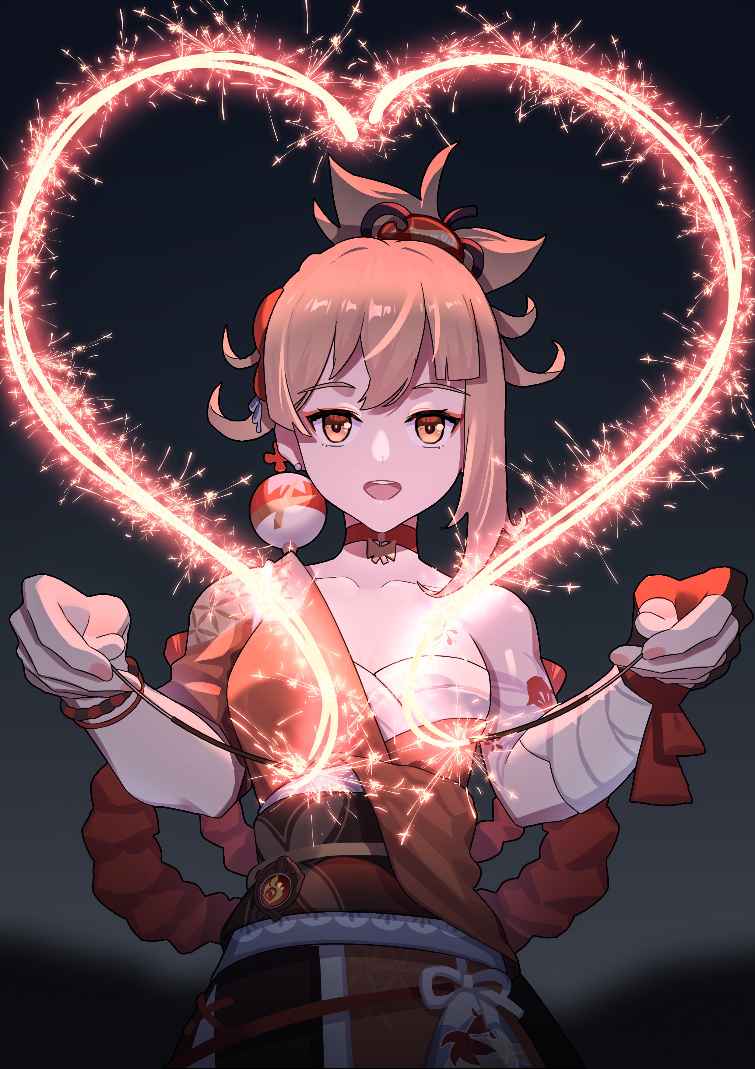 Yoimiya from Genshin Impact creates a heart shape with sparklers HD Phone Wallpaper