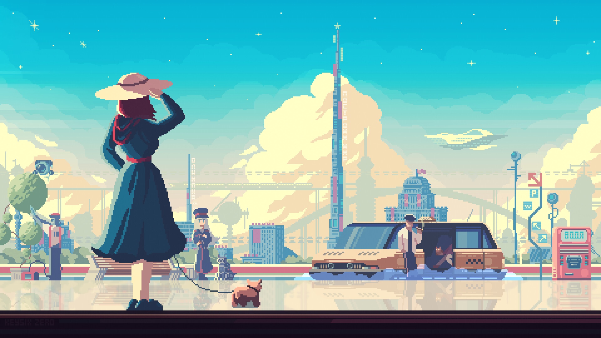 Pixel art cityscape with woman and dog HD Wallpaper