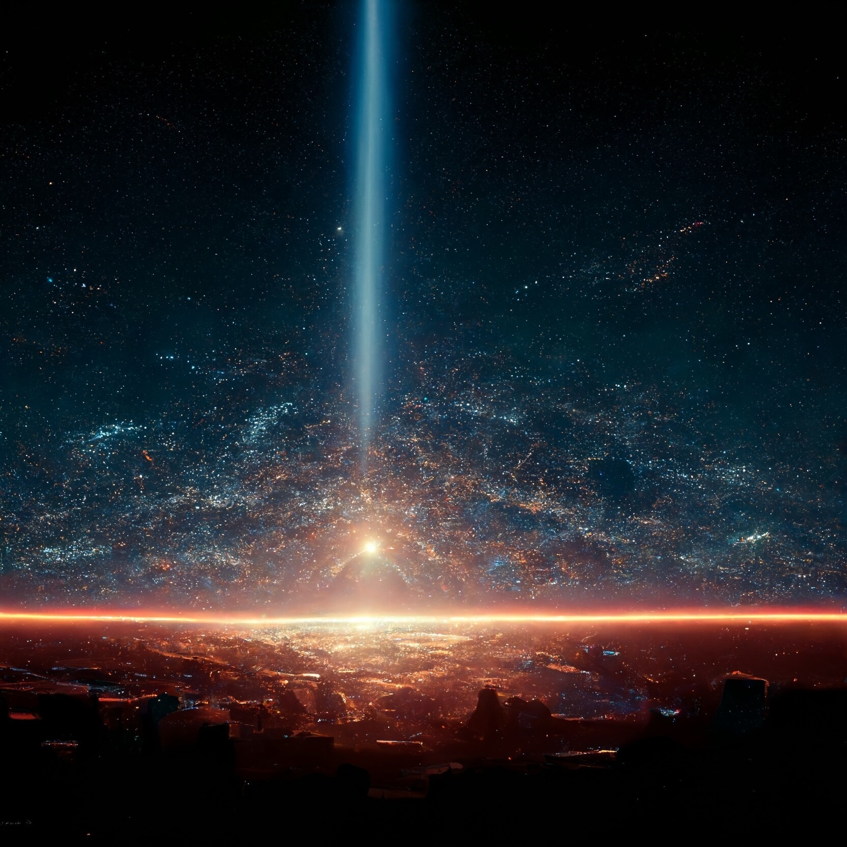 A beam of light shines over a city at night HD Wallpaper