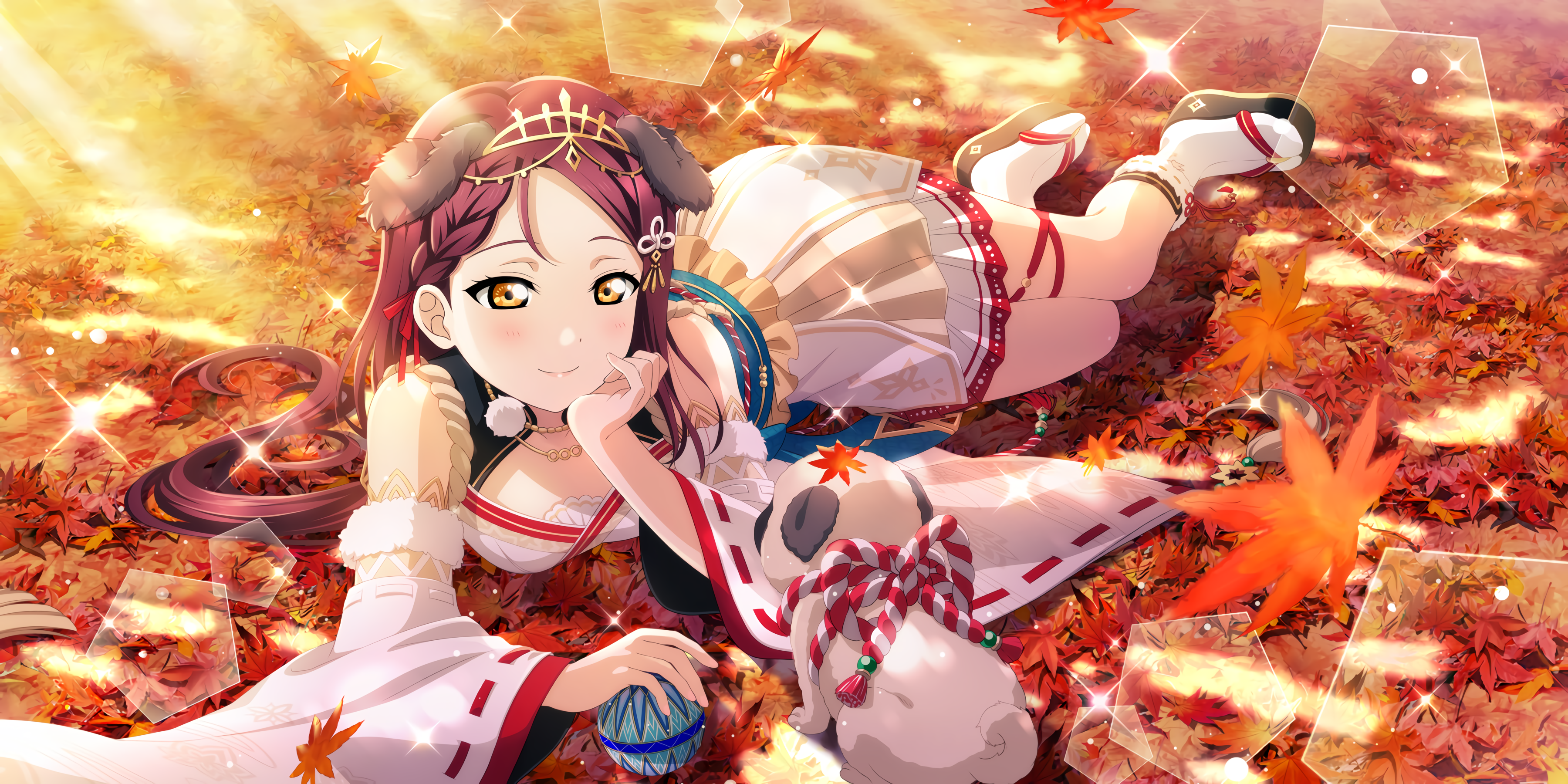 Sakurauchi Riko with a Pug in Fall HD Wallpaper