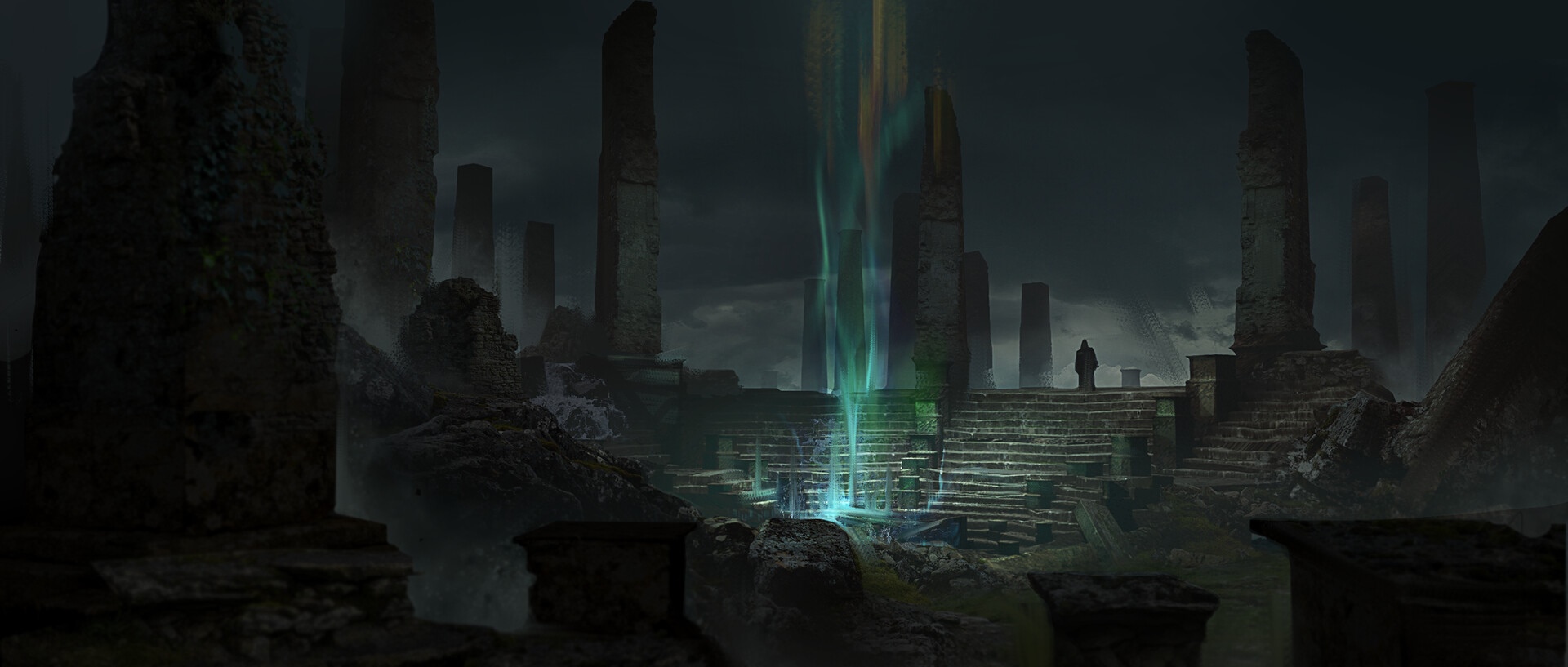 Fantasy ruins with a magical portal and a cloaked figure HD Wallpaper