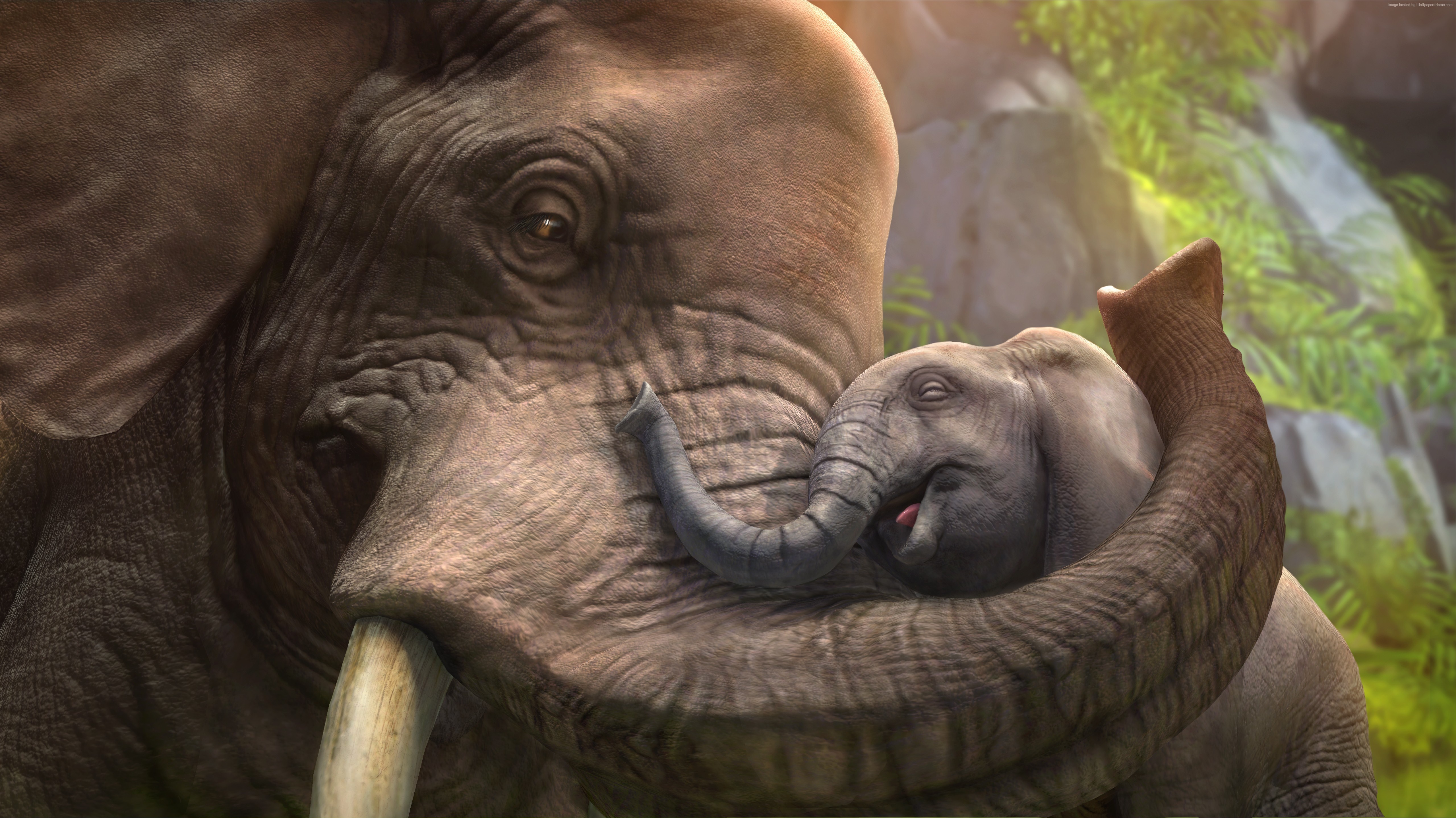 Elephant and Baby Elephant in Jungle 4K HD Wallpaper
