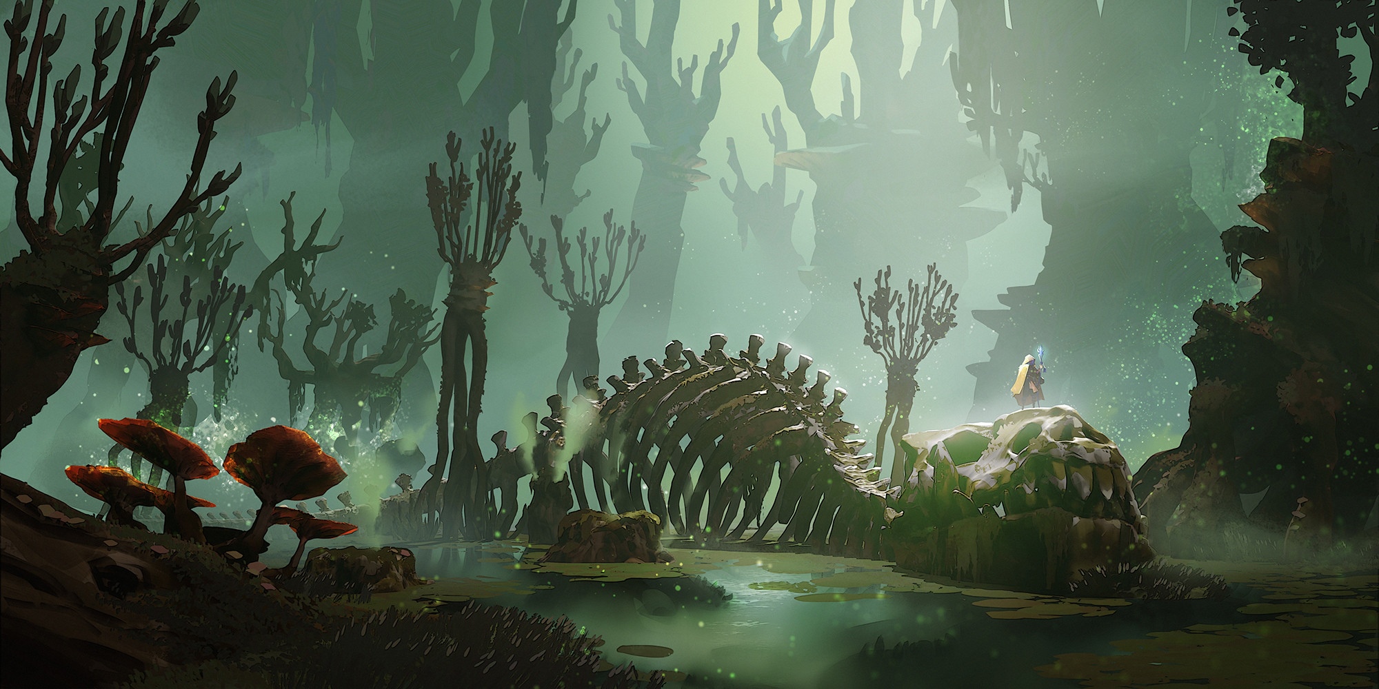 Fantasy art of a wizard by a swamp skeleton HD Wallpaper