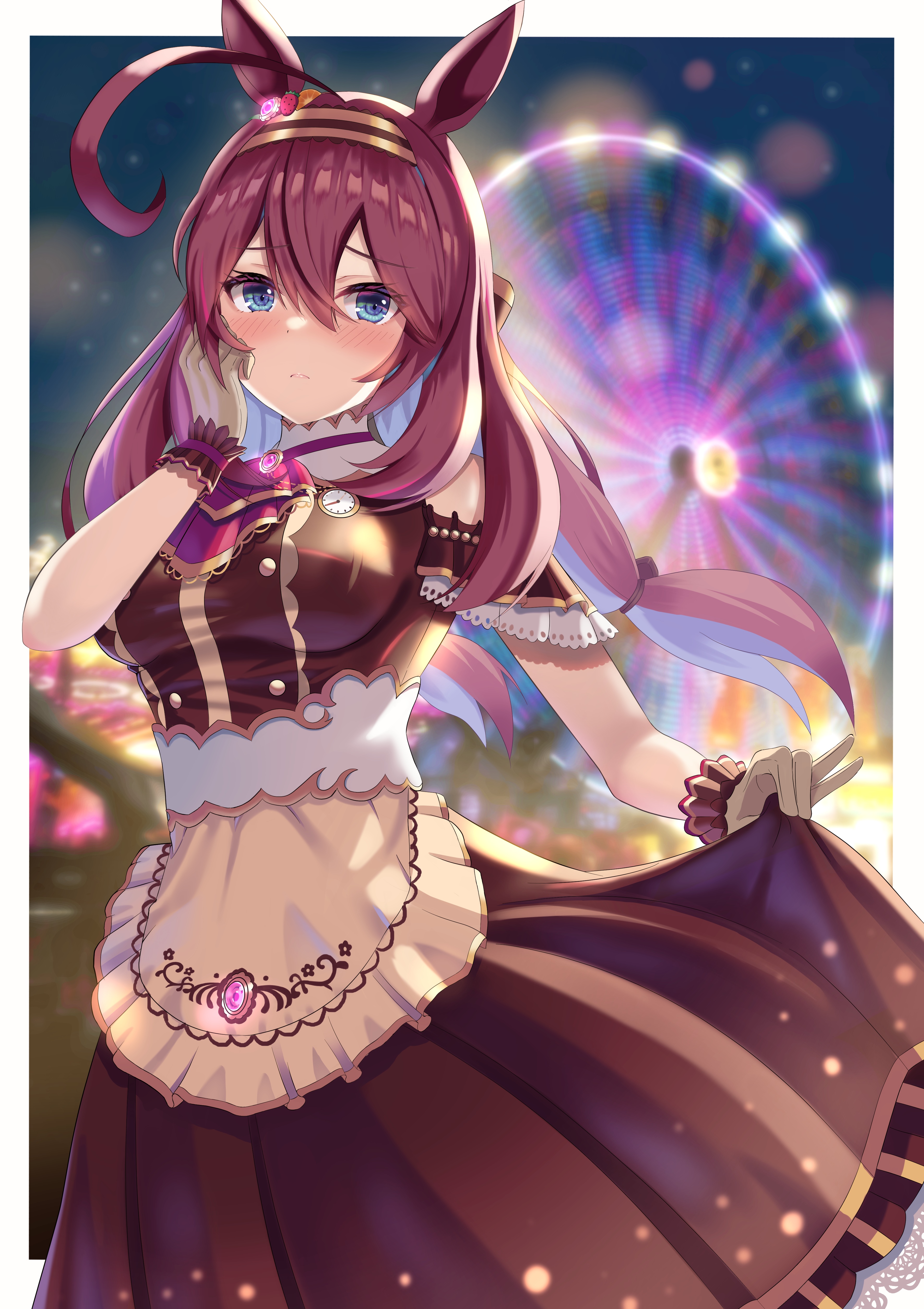 Mihono Bourbon lifting her dress at a carnival HD Phone Wallpaper
