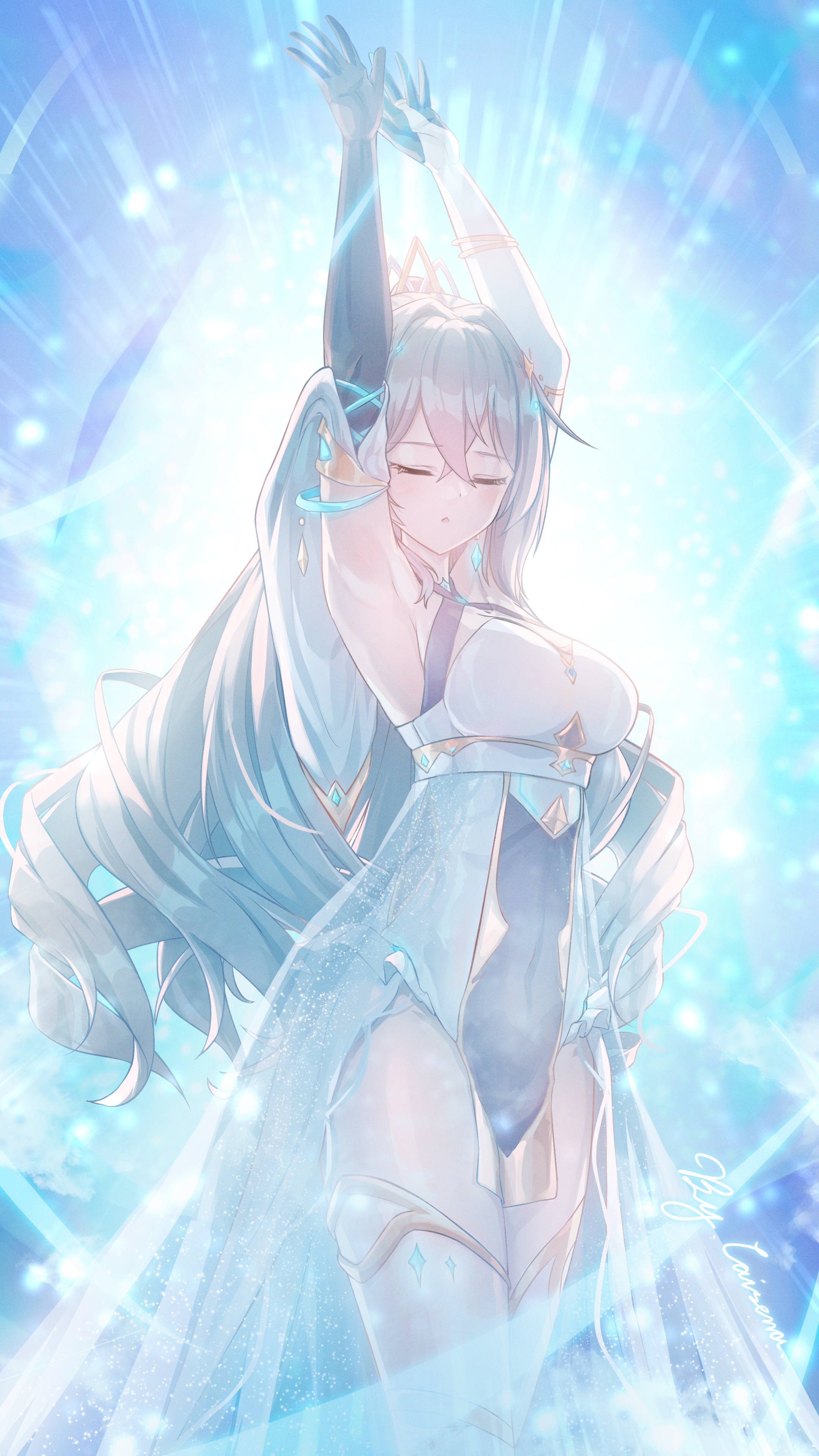 Anime girl with long white hair in a white dress HD Phone Wallpaper