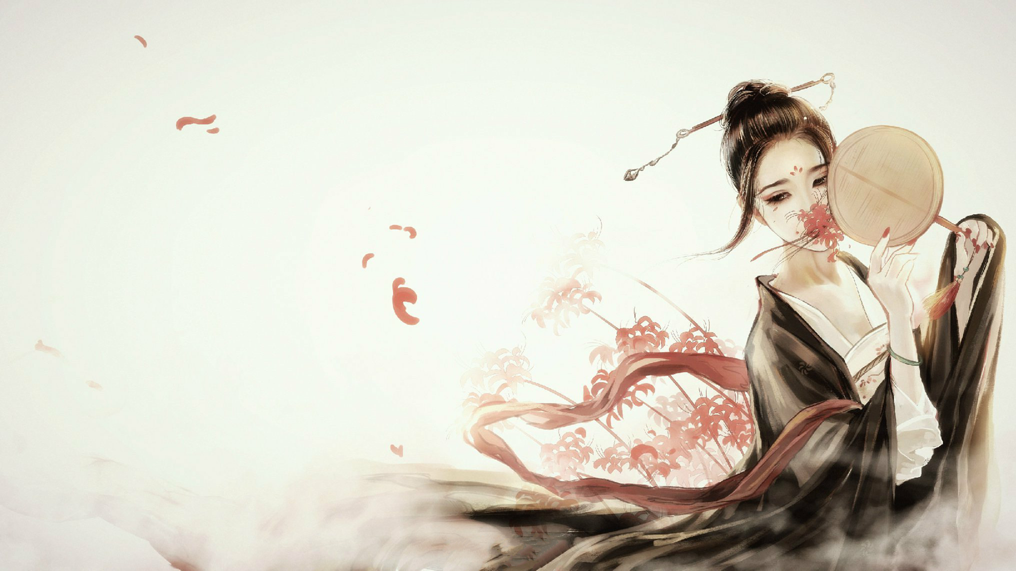 Asian woman with fan and red flowers HD Wallpaper