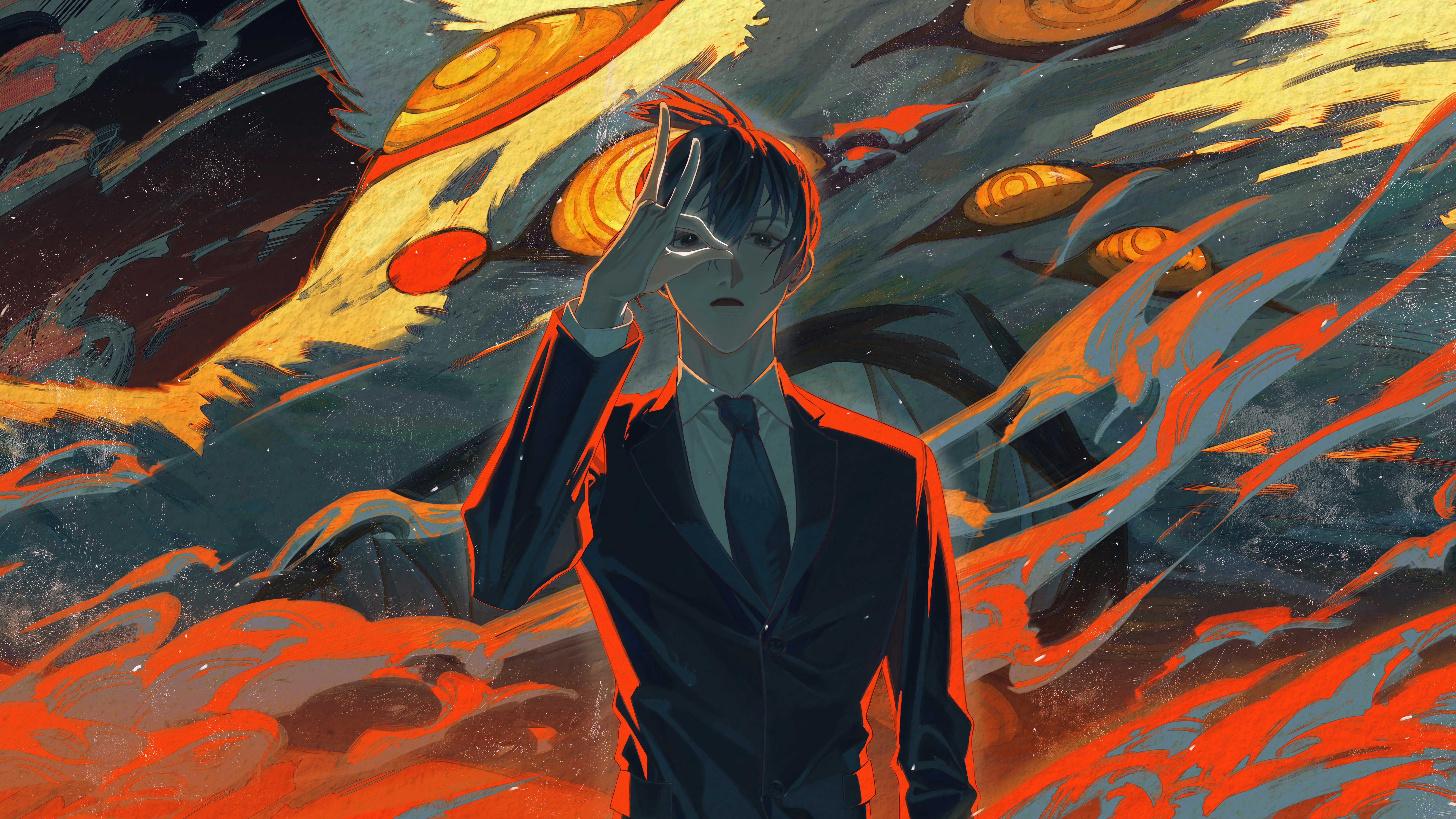 4K Anime Boy in Suit with Fiery Background HD Wallpaper