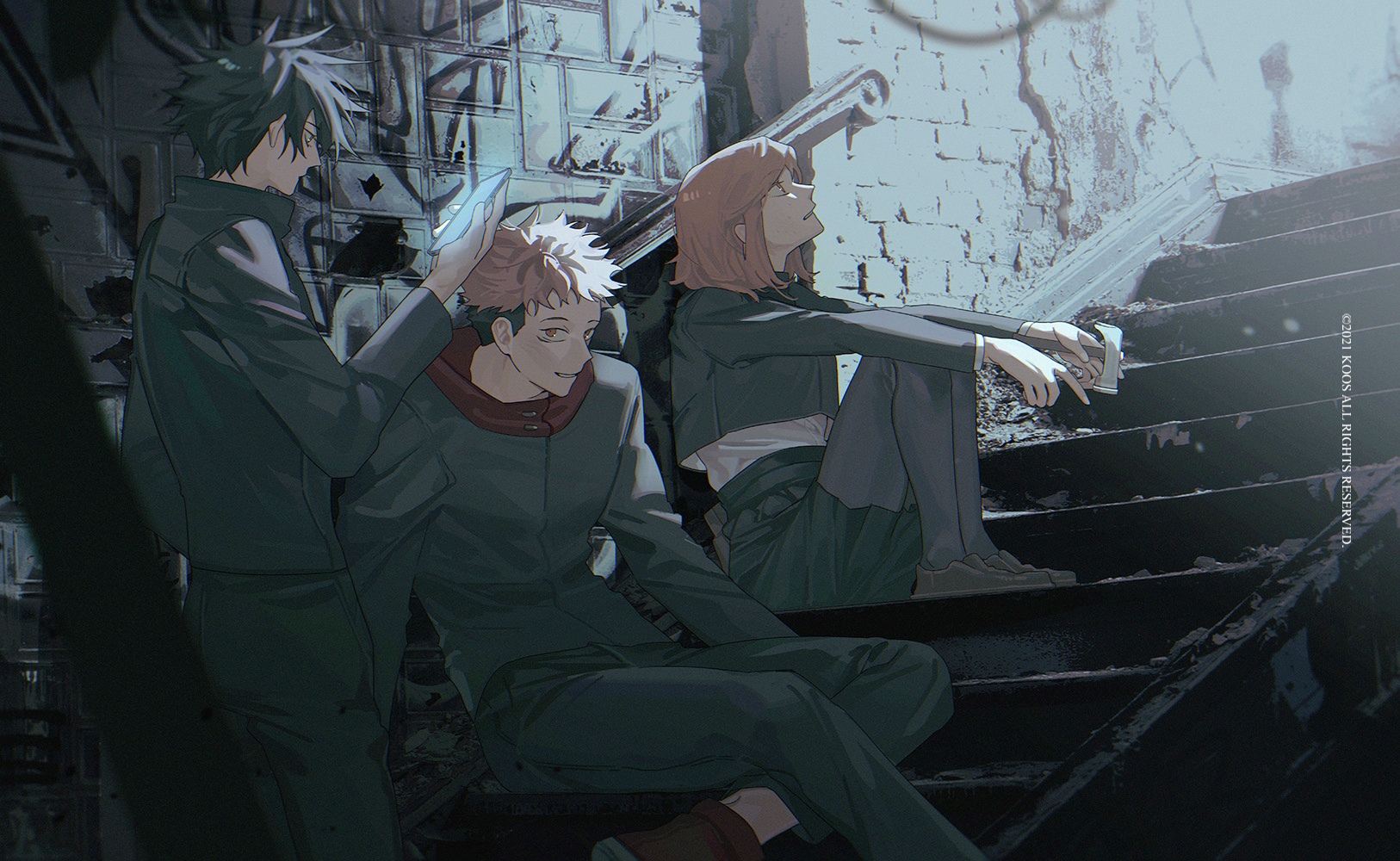 Yuji Itadori, Megumi Fushiguro, and Nobara Kugisaki on stairs HD Wallpaper