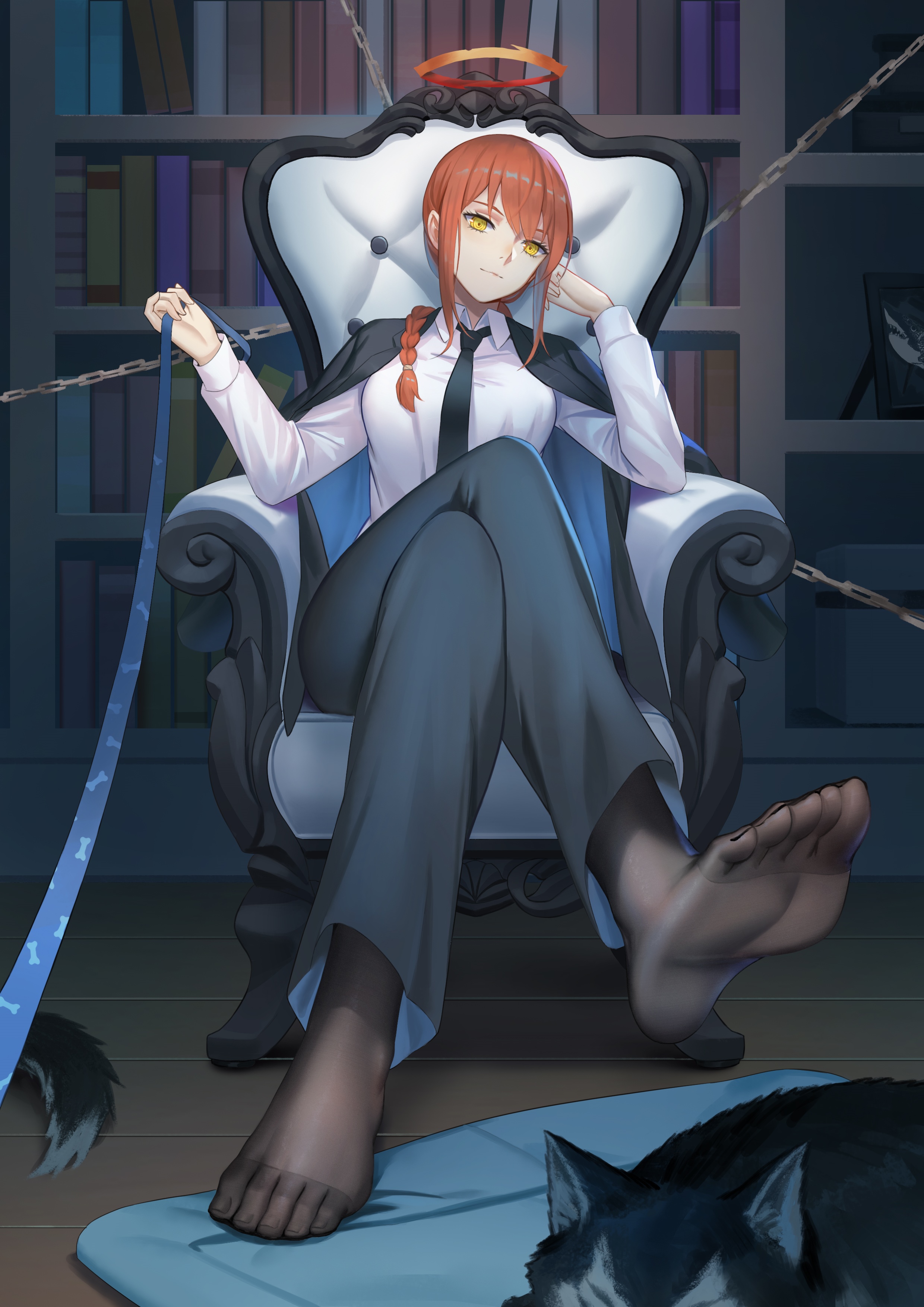 Makima from Chainsaw Man sitting on a throne with a leash HD Phone Wallpaper