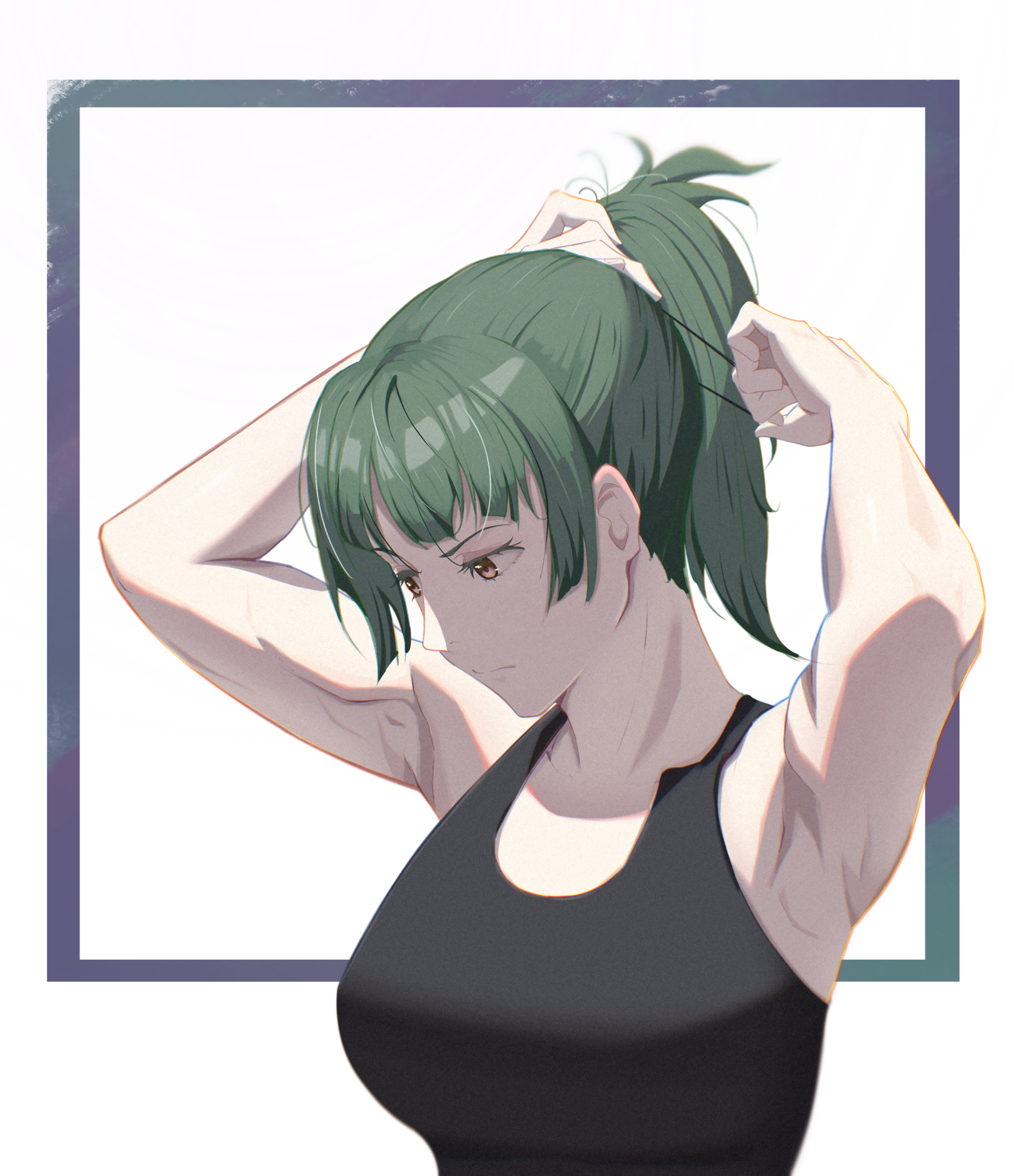 Anime girl with green hair tying her ponytail HD Phone Wallpaper