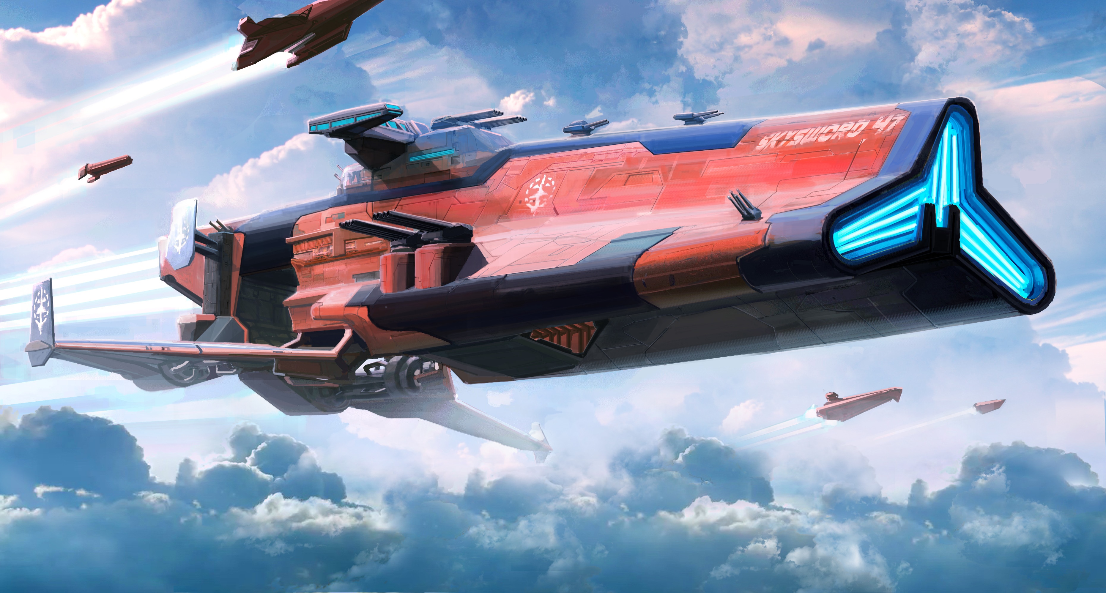 Skysword 47 spaceship flying through clouds HD Wallpaper