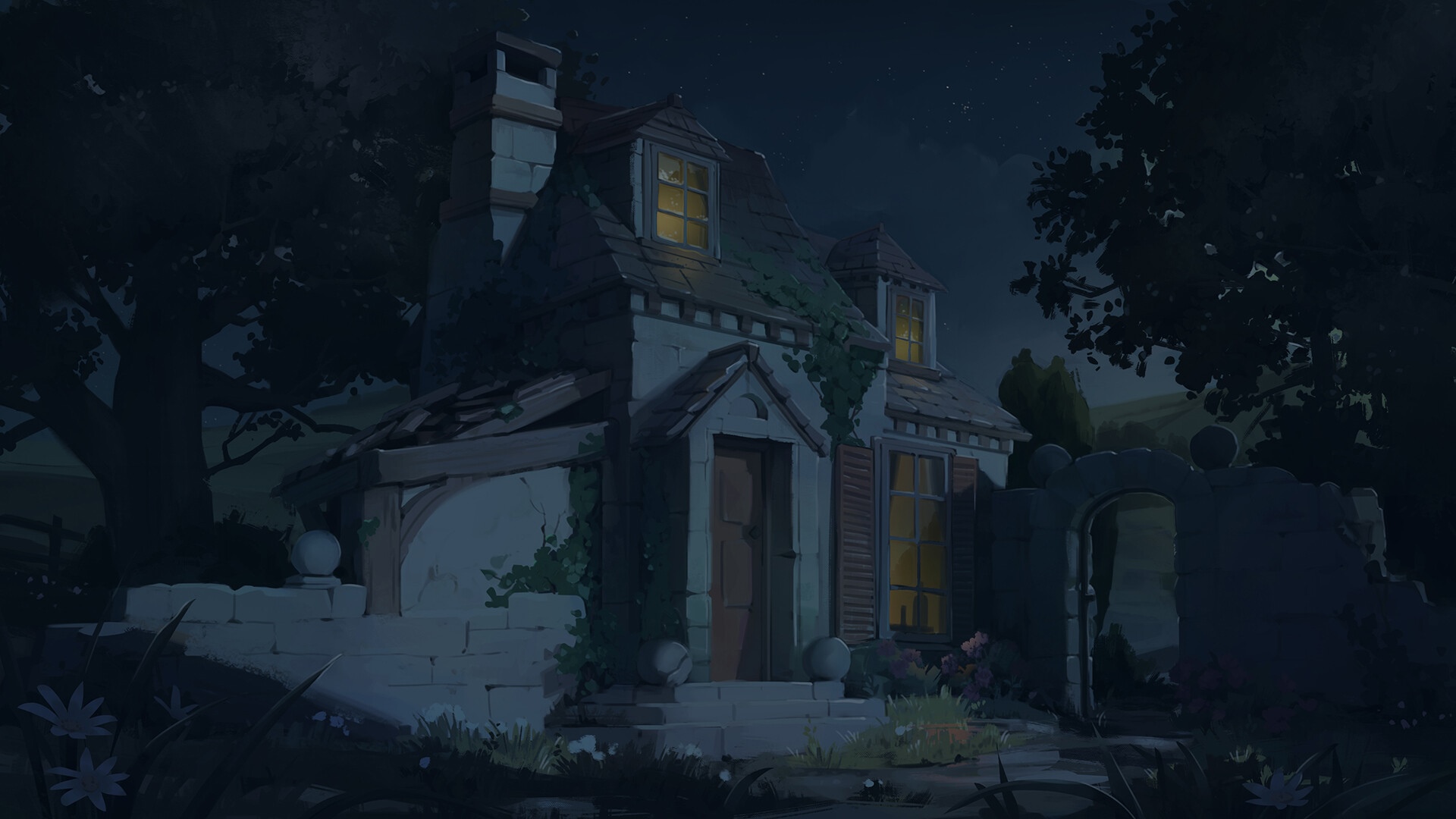A spooky house at night with trees and an archway HD Wallpaper