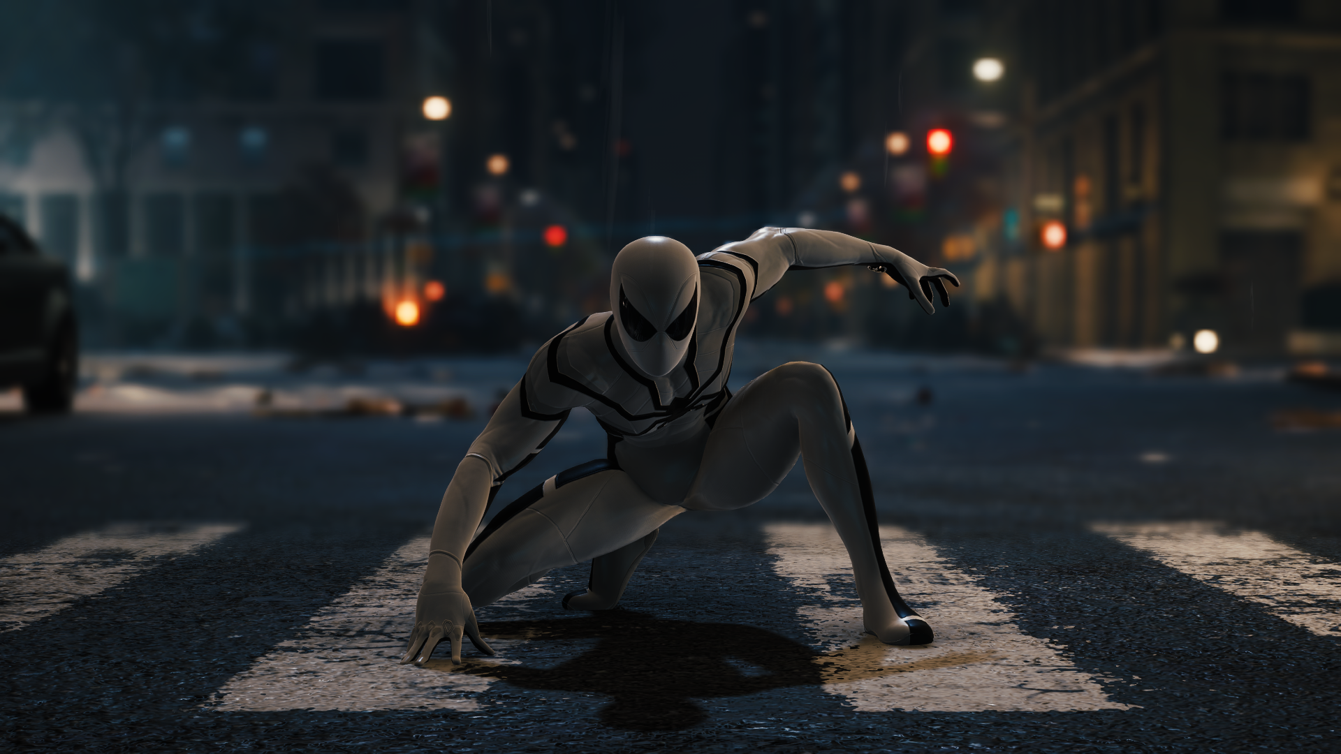 Spider-Man in a white suit crouches on a street HD Wallpaper