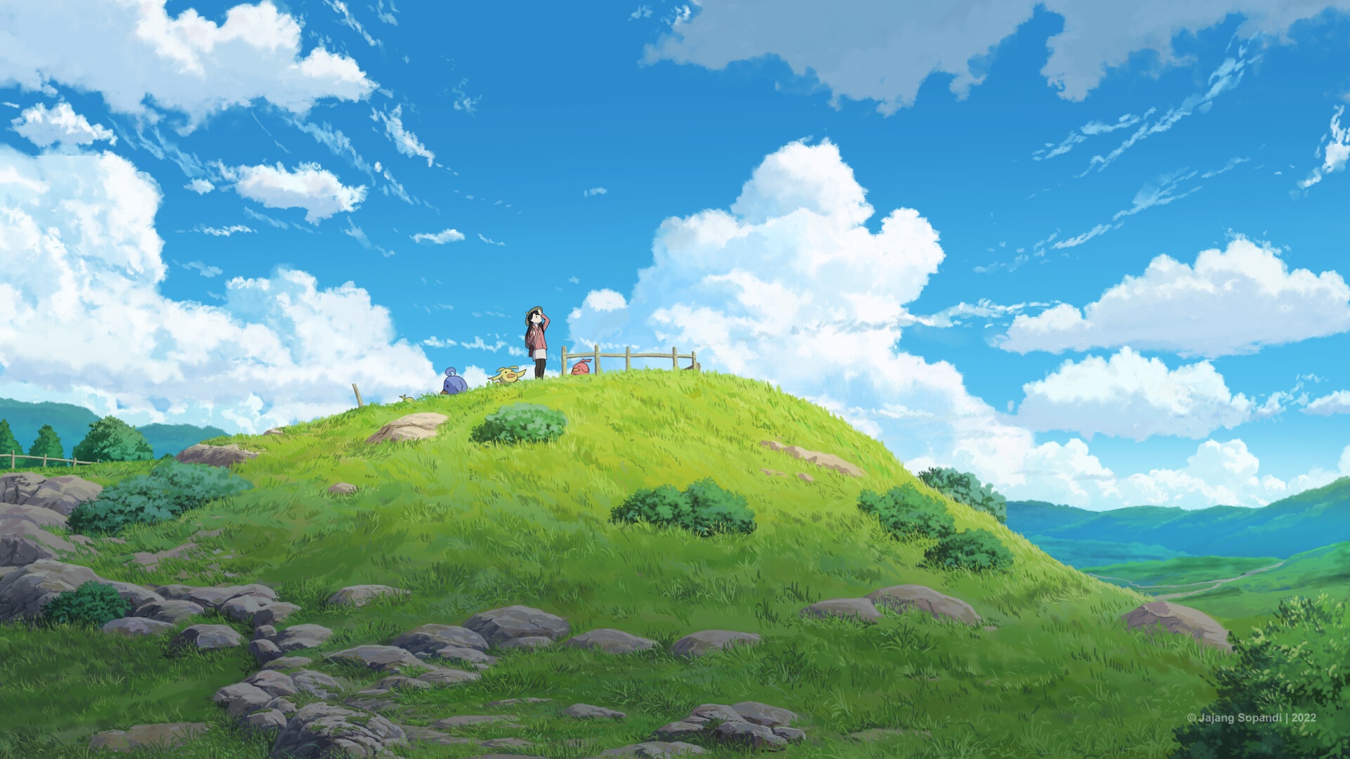 Anime landscape with clouds, hills, and rocks HD Wallpaper
