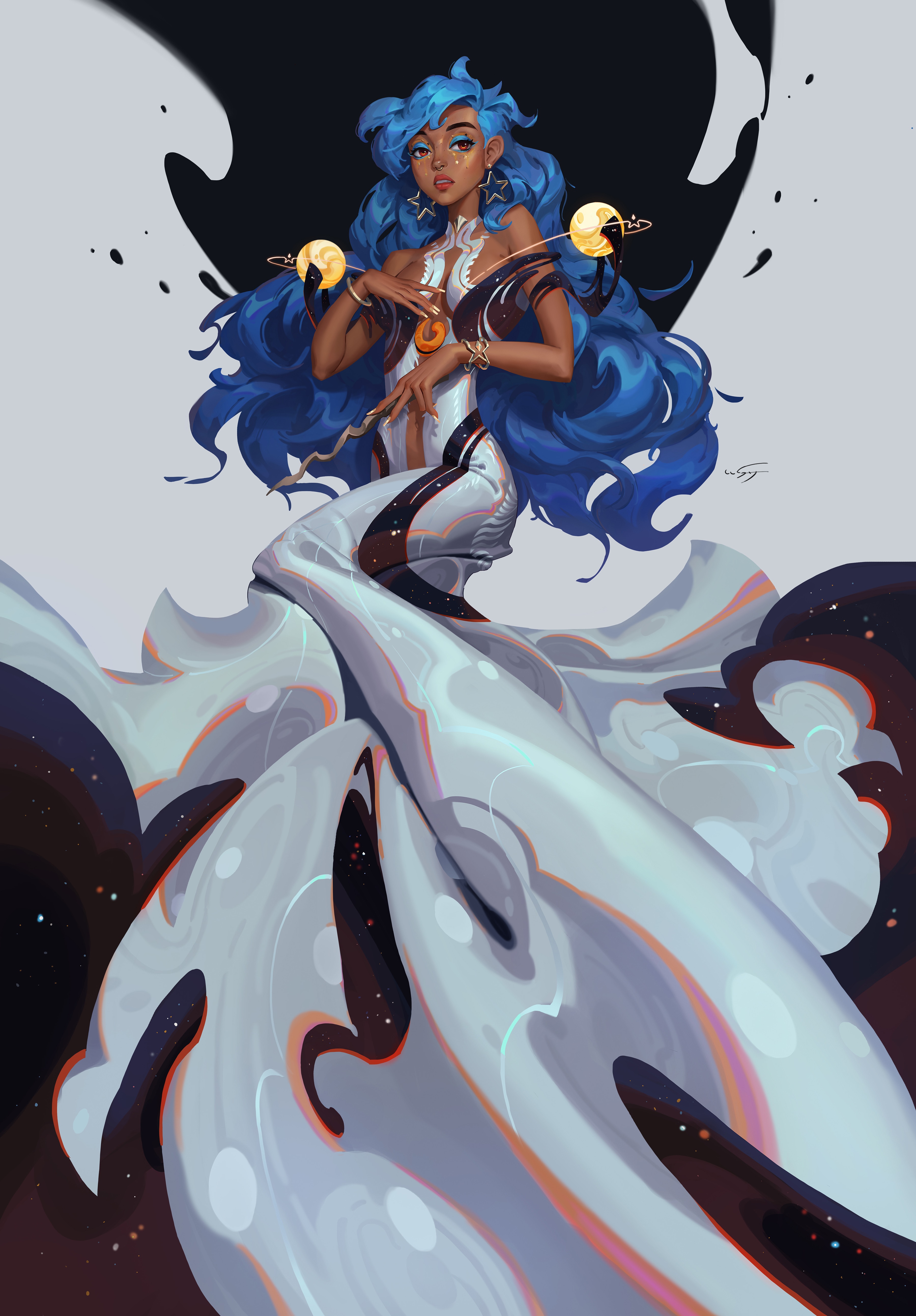 Fantasy girl with blue hair and cosmic dress HD Phone Wallpaper