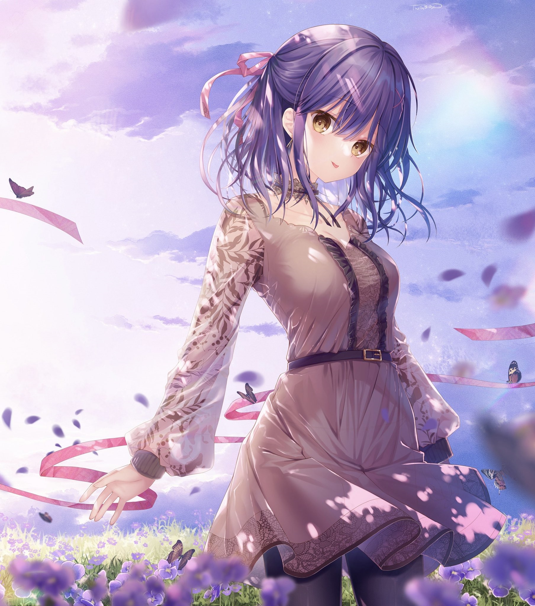 Anime girl with purple hair and yellow eyes in a field HD Phone Wallpaper
