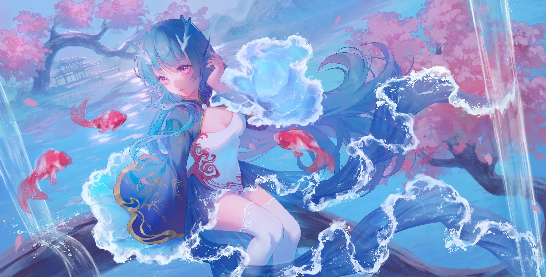 Anime girl with blue hair and koi fish in water HD Wallpaper