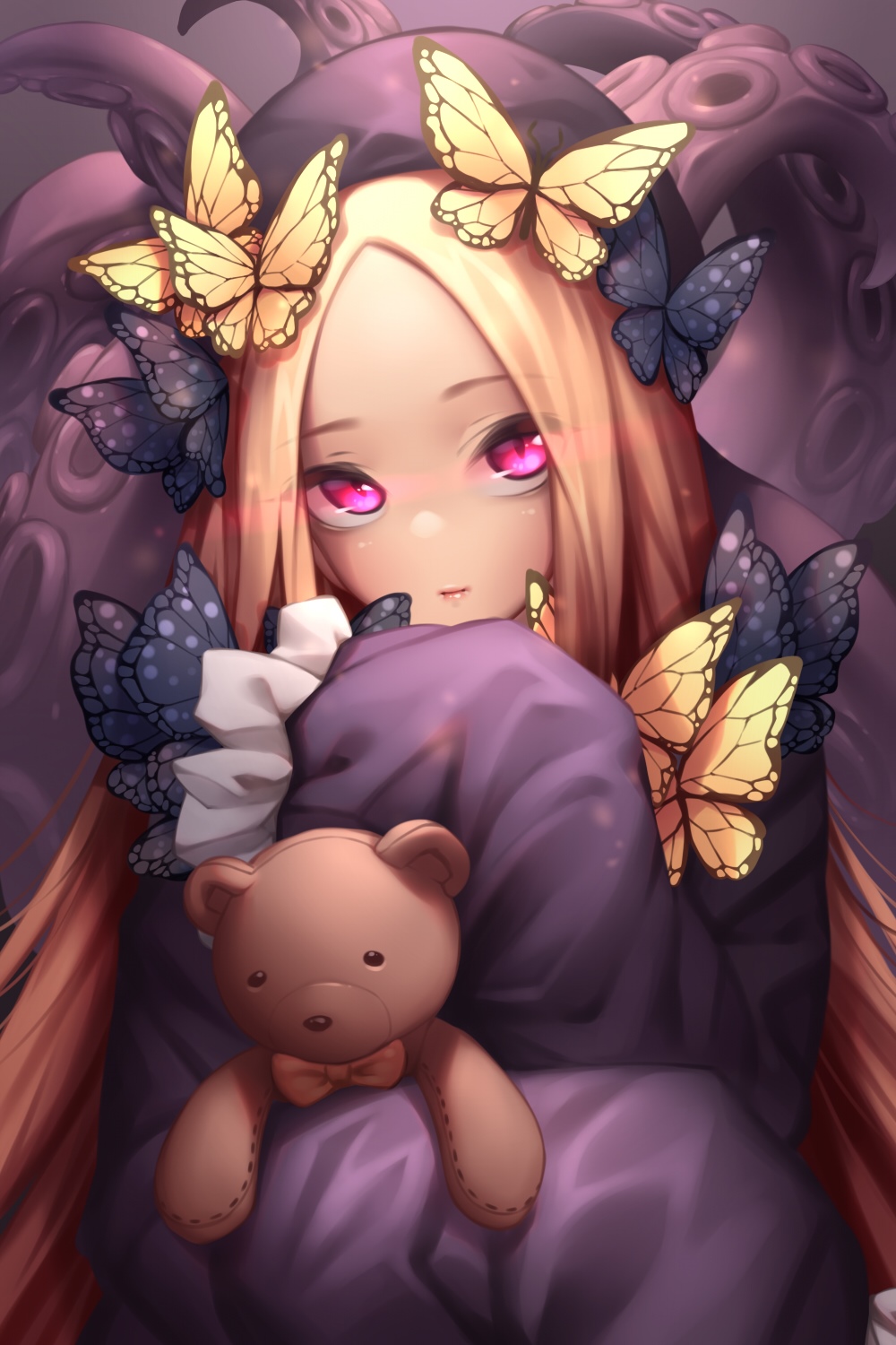 Abigail Williams with butterflies and teddy bear from Fate/Grand Order HD Phone Wallpaper