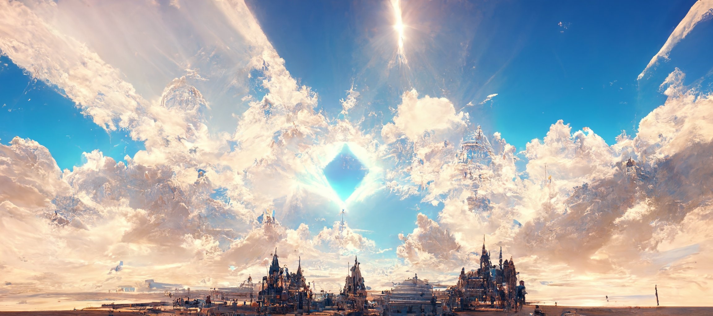 Fantasy art of a diamond in the sky above cities HD Wallpaper