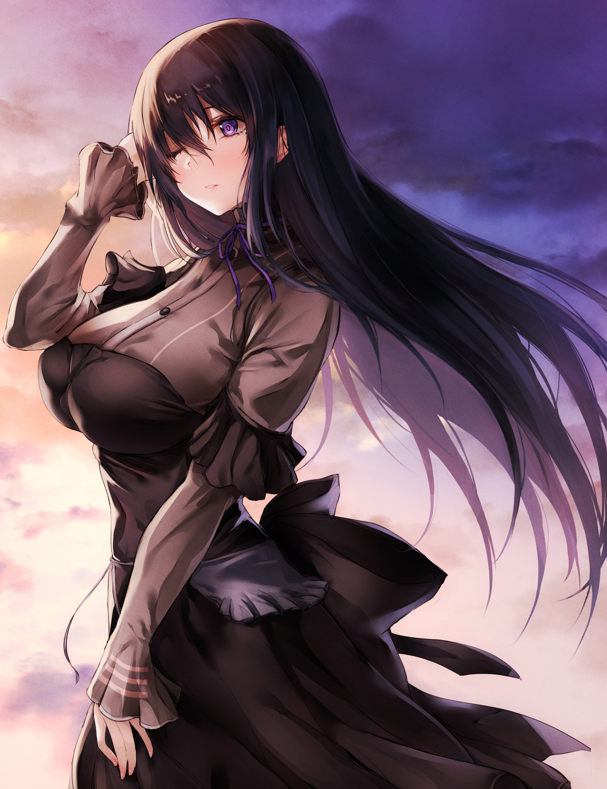 Girl with black hair and purple eyes in a black dress HD Phone Wallpaper