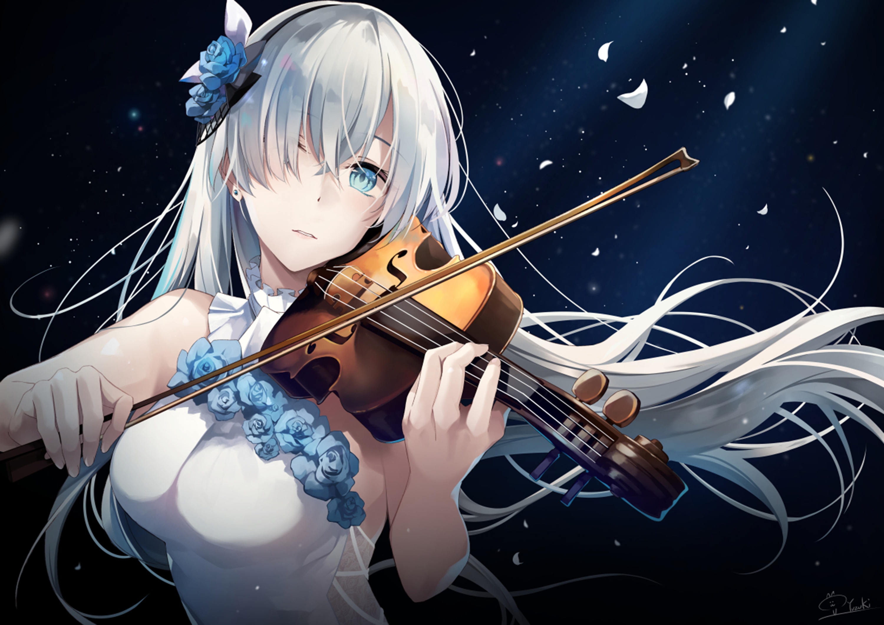 Girl with white hair playing the violin HD Wallpaper