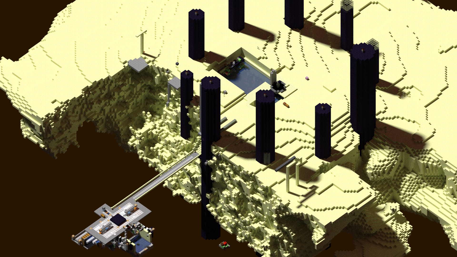 Minecraft End Dimension with End Pillars and Structures HD Wallpaper