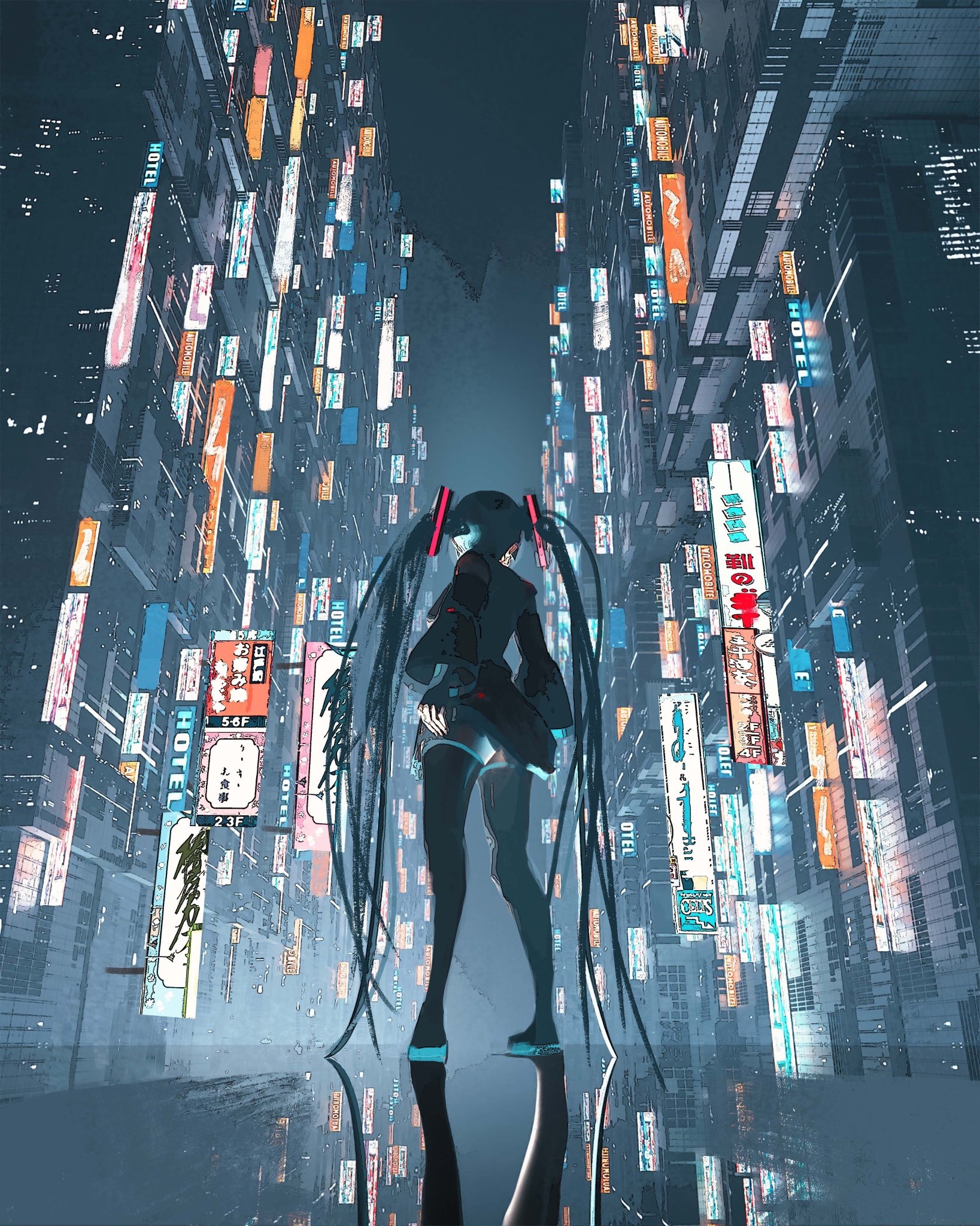 Hatsune Miku in a Neon Cityscape HD Phone Wallpaper