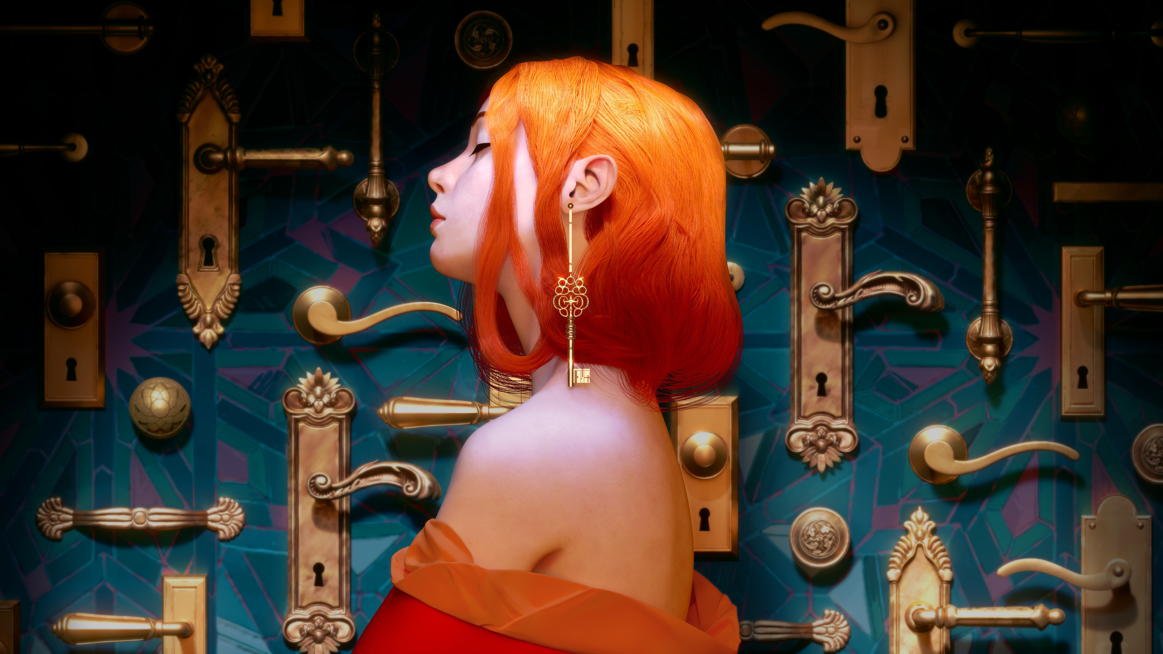 Fantasy art of a girl with orange hair and key earring HD Wallpaper