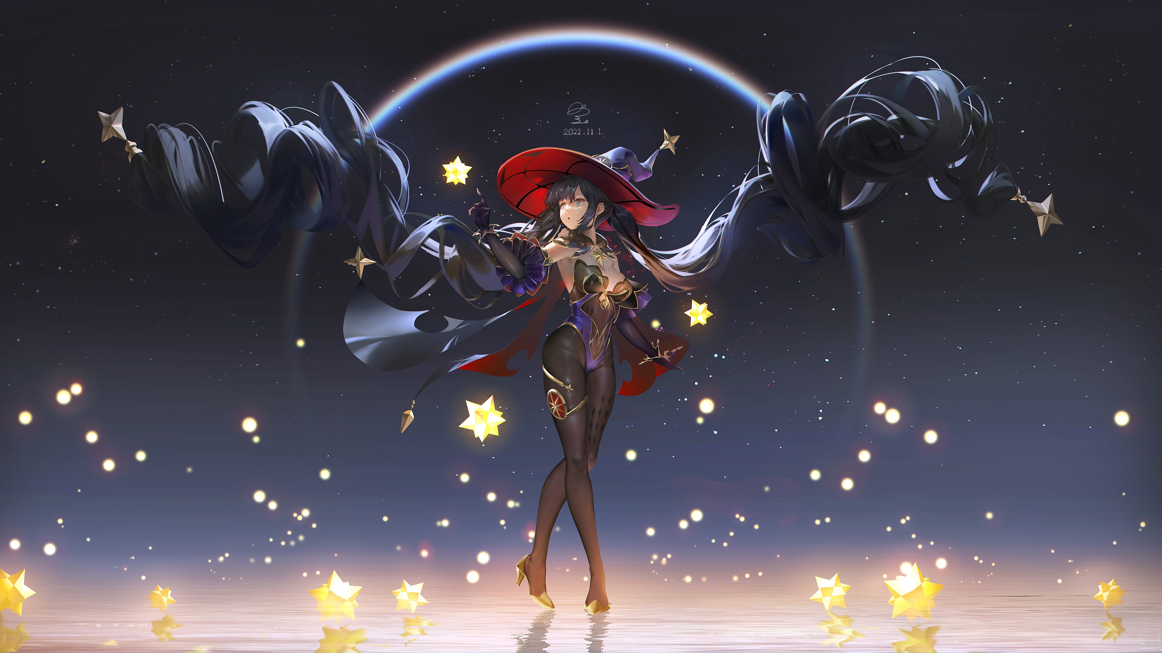 4K Mona with Witch Hat and Stars HD Wallpaper