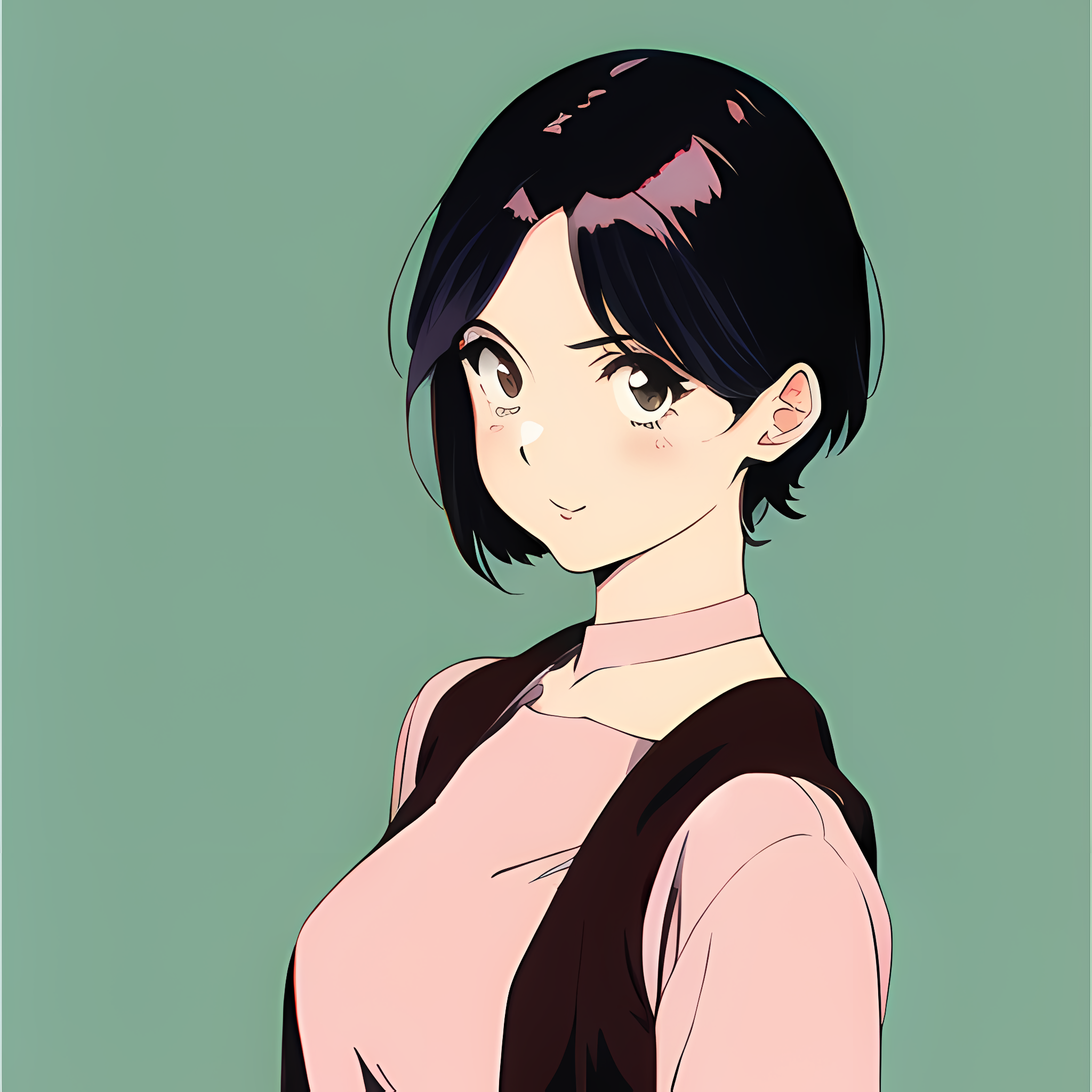 Anime girl with short black hair and pink shirt HD Wallpaper