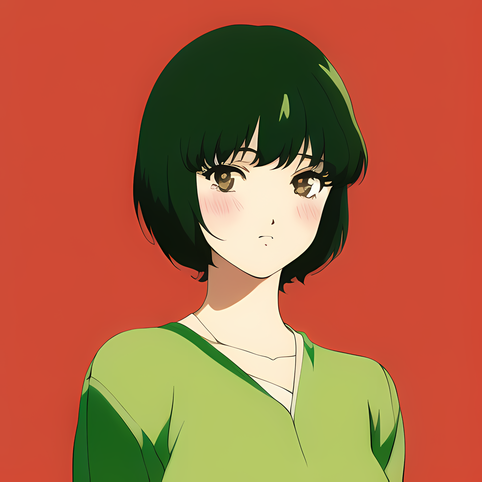 Anime girl with short green hair and green shirt HD Wallpaper