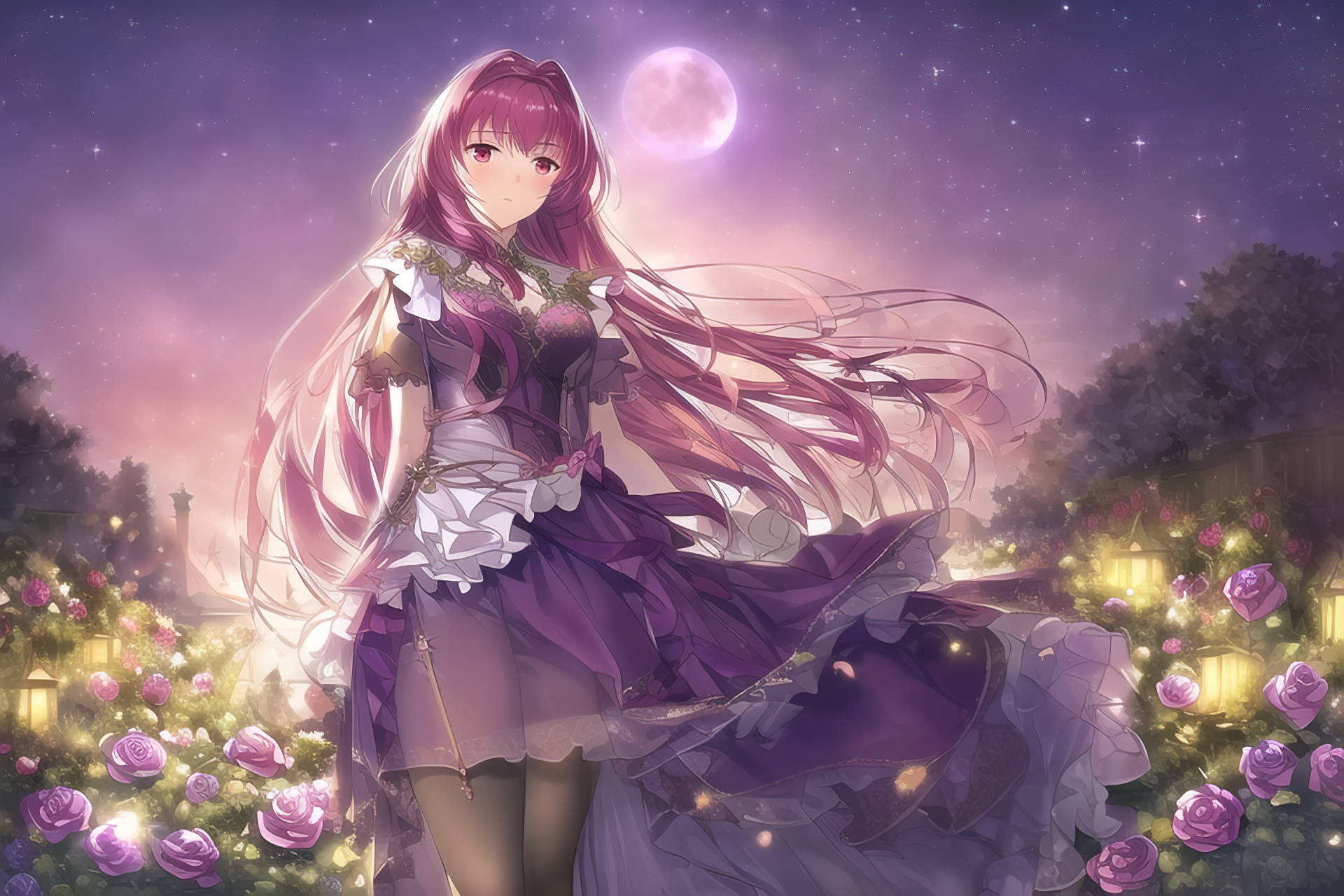 Scathach from Fate/Grand Order in a garden at night HD Wallpaper