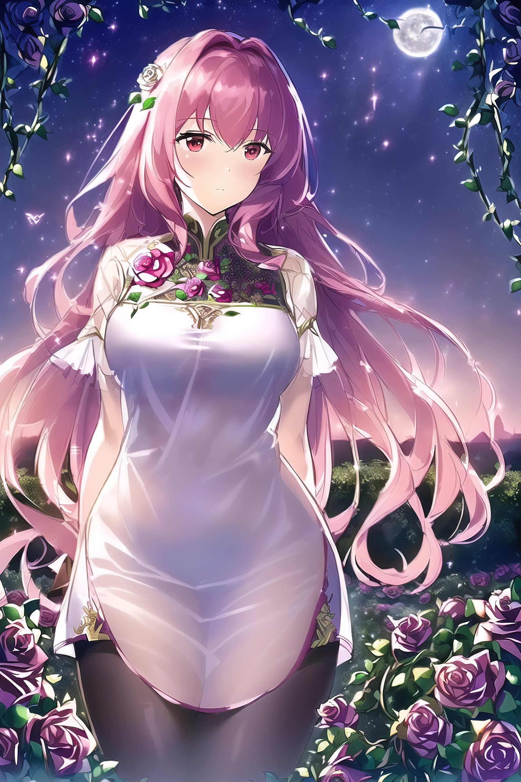 Scathach from Fate/Grand Order in a moonlit garden HD Phone Wallpaper