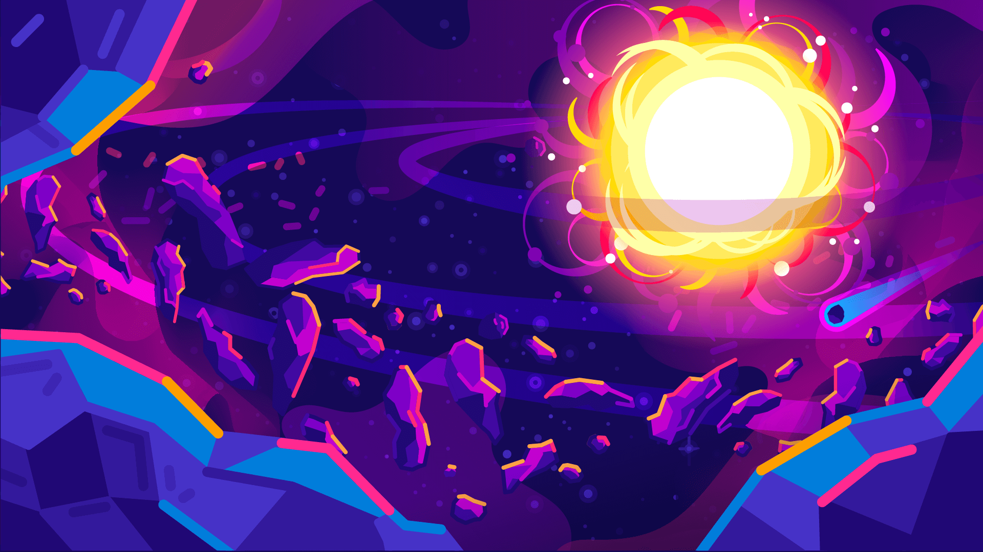 Kurzgesagt artwork of a solar flare and asteroids HD Wallpaper