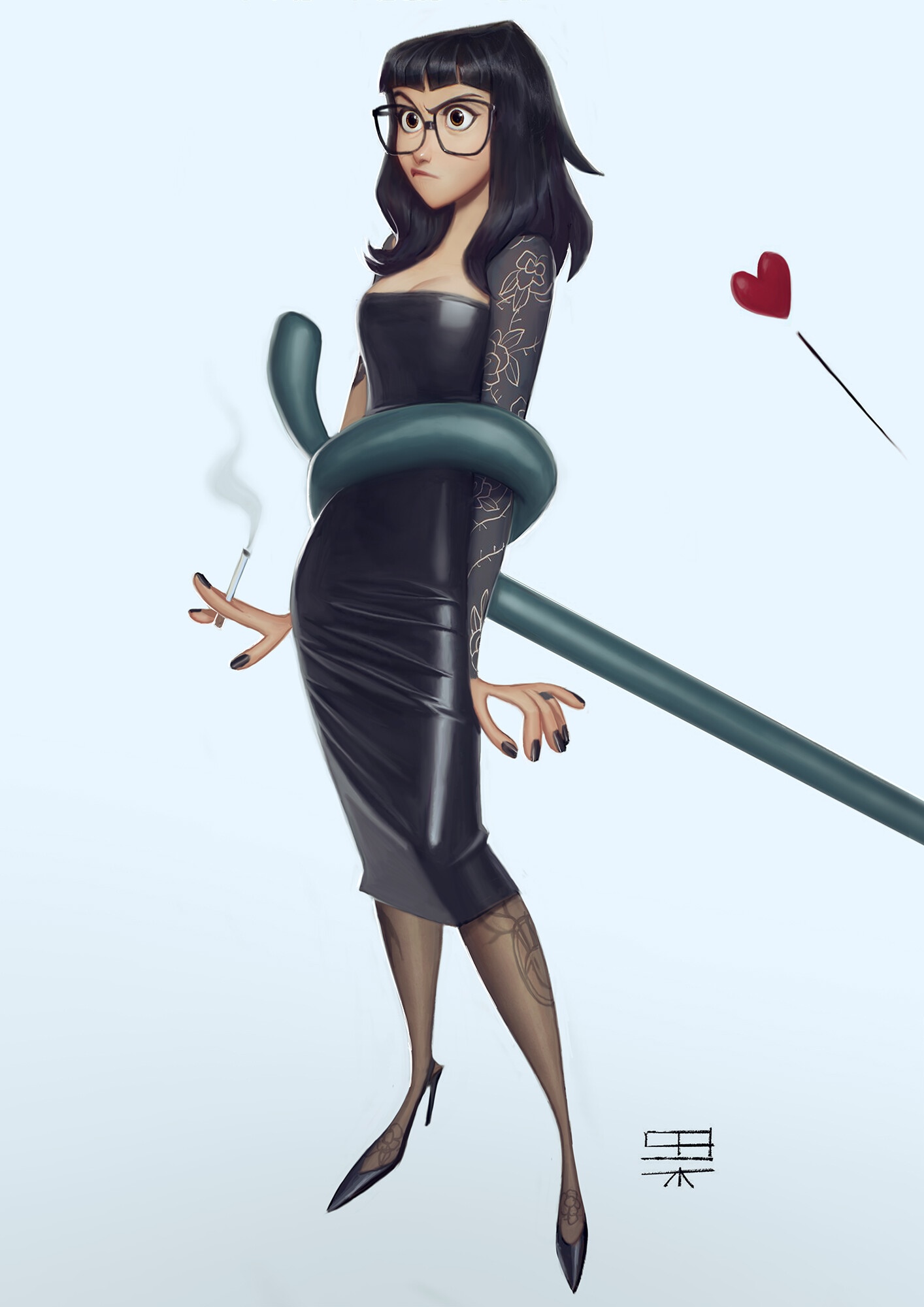 Woman in black dress with tentacles and cigarette HD Phone Wallpaper