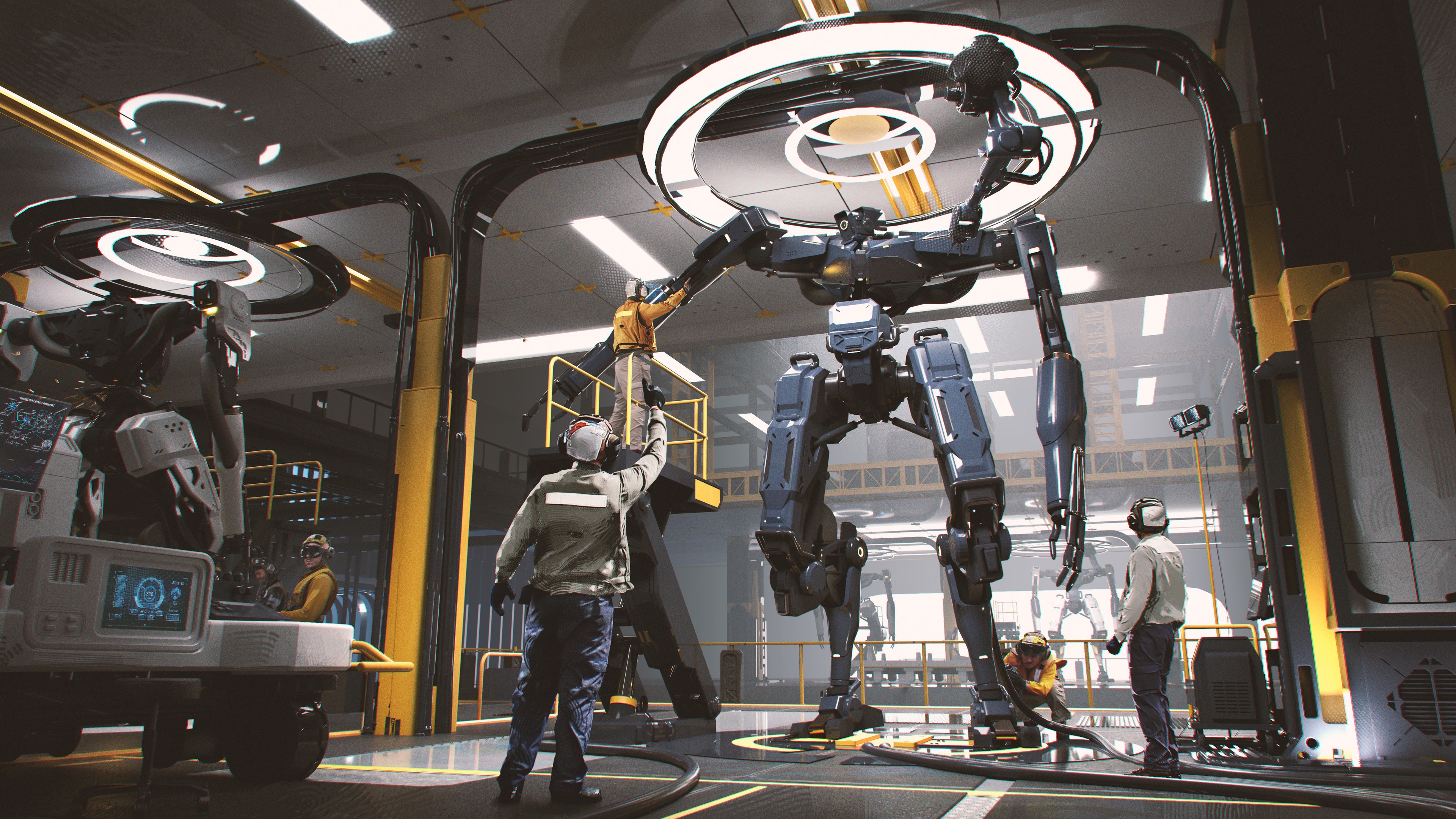 4K futuristic science fiction robot hangar HD Wallpaper