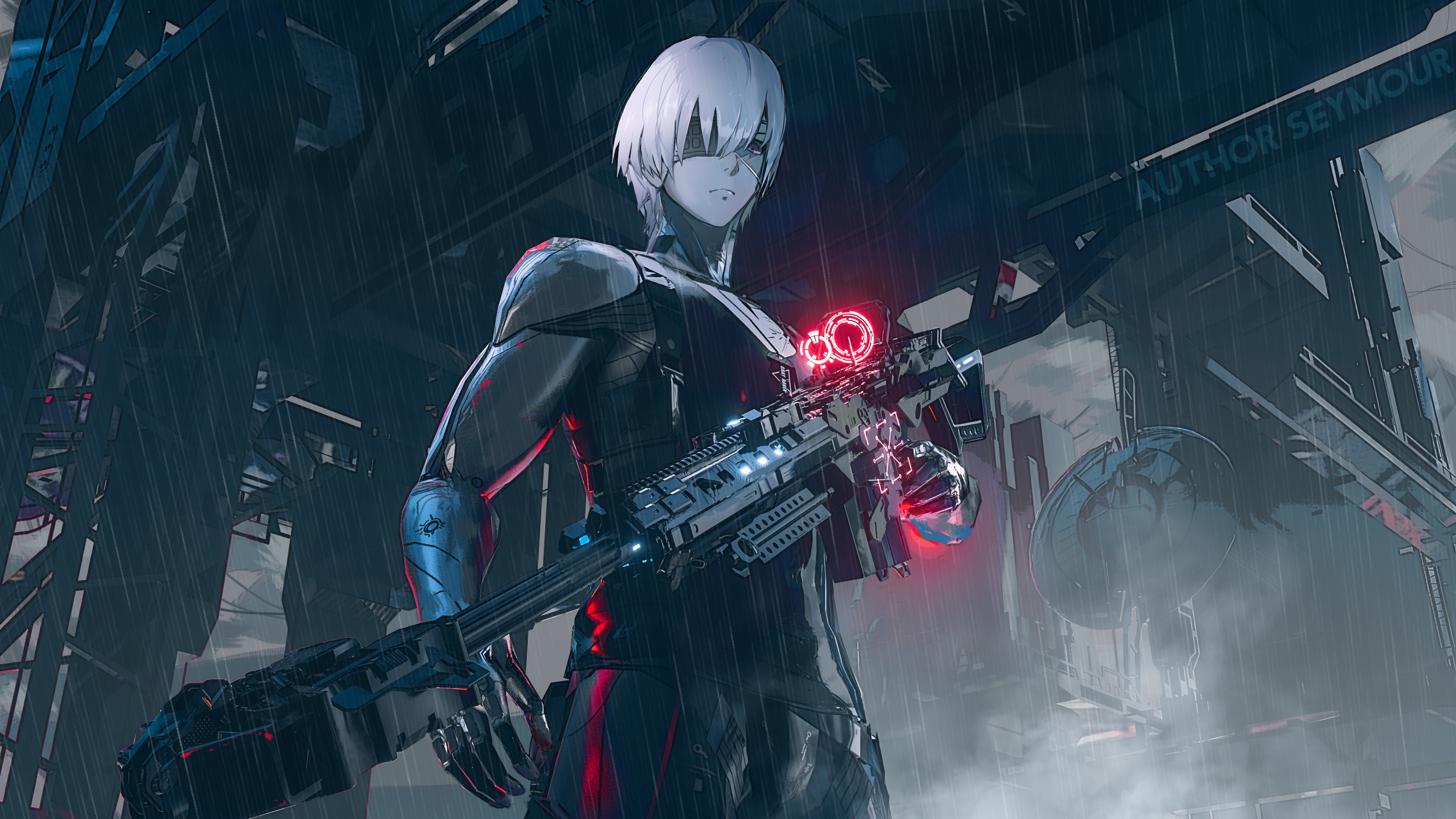 Seymour from Punishing: Gray Raven holding a gun in the rain HD Wallpaper