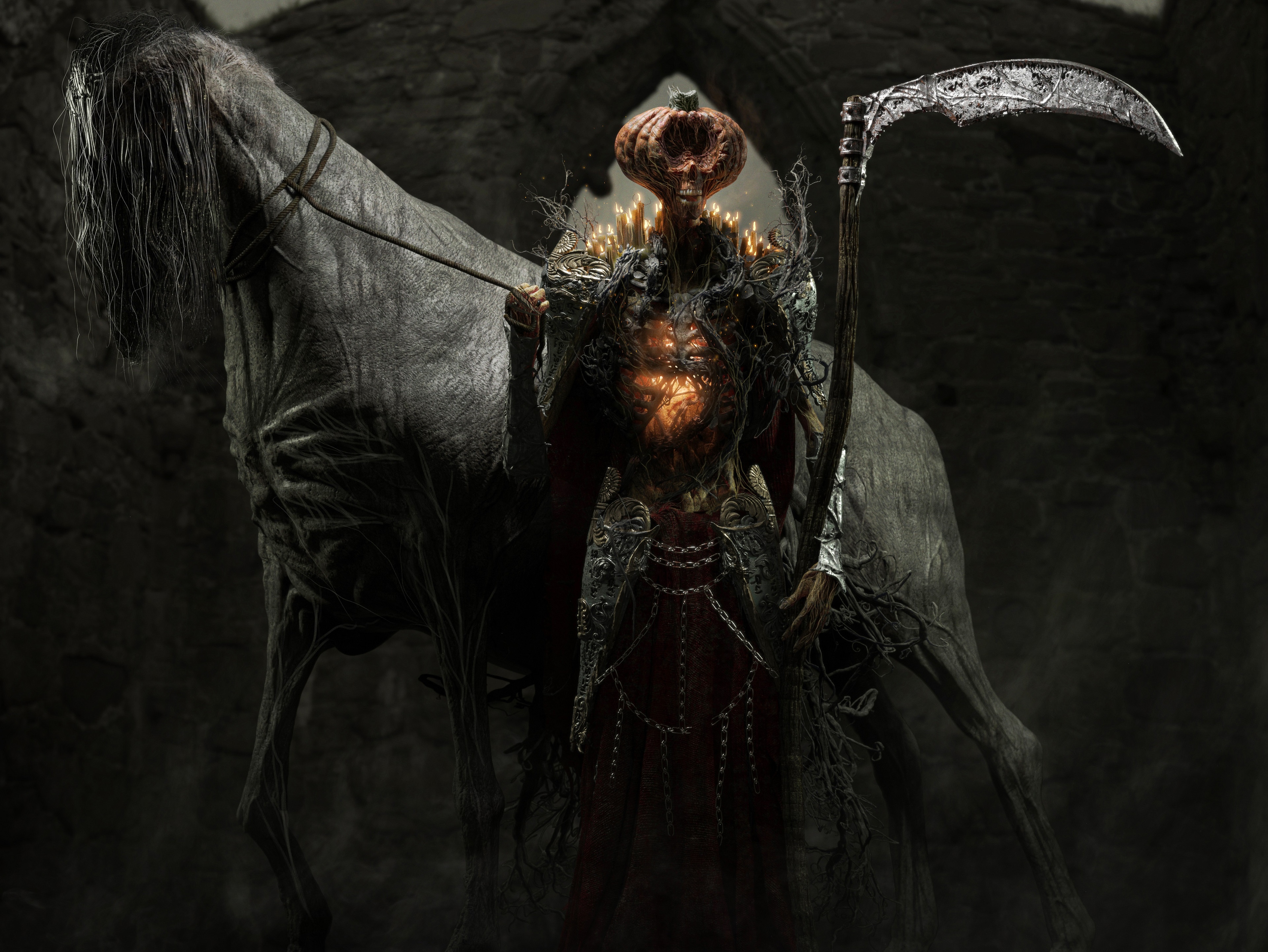 4K Dark Fantasy Creature with Pumpkin Head and Scythe HD Wallpaper