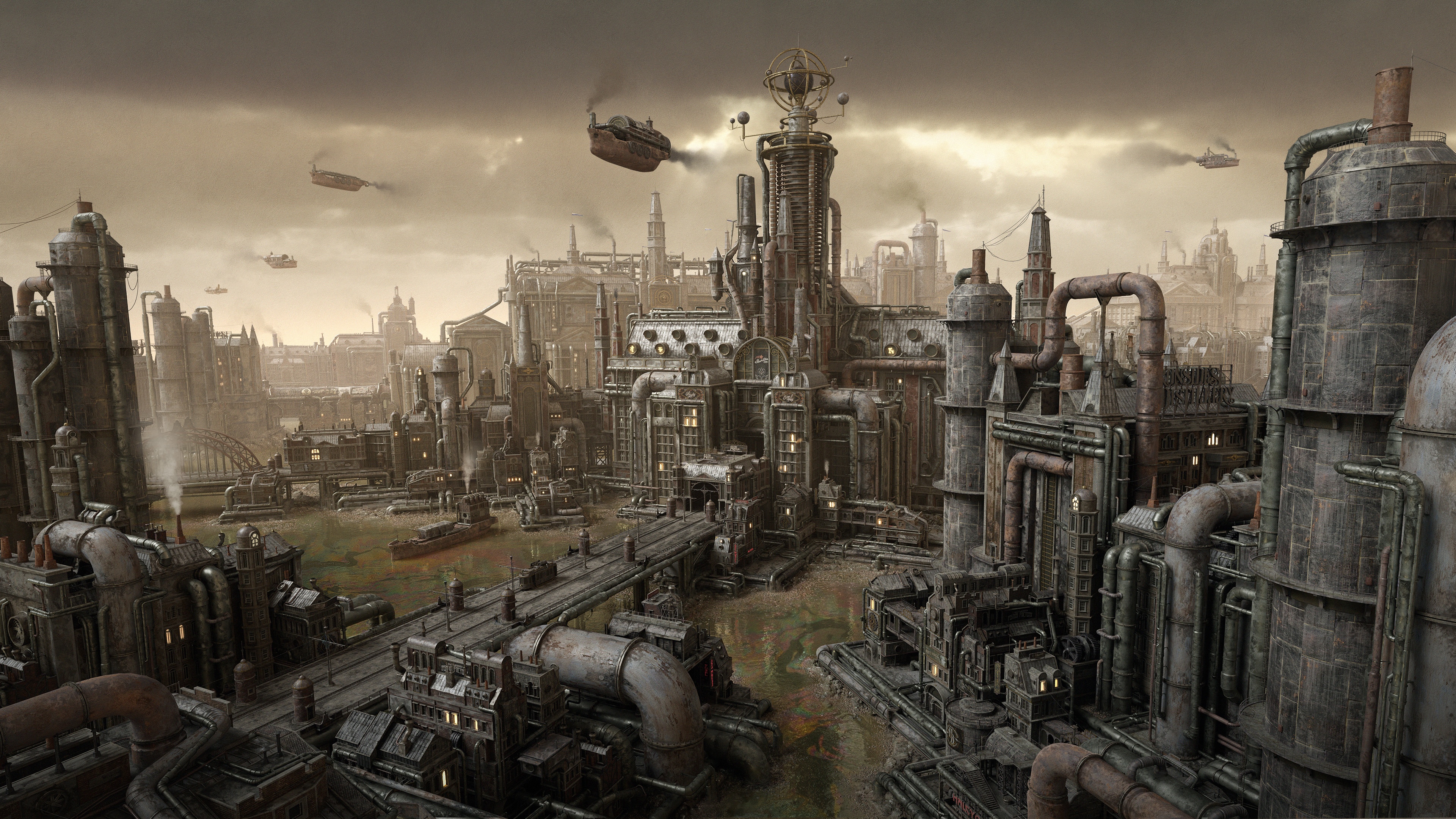 4K Steampunk Dieselpunk Cityscape with Airships HD Wallpaper