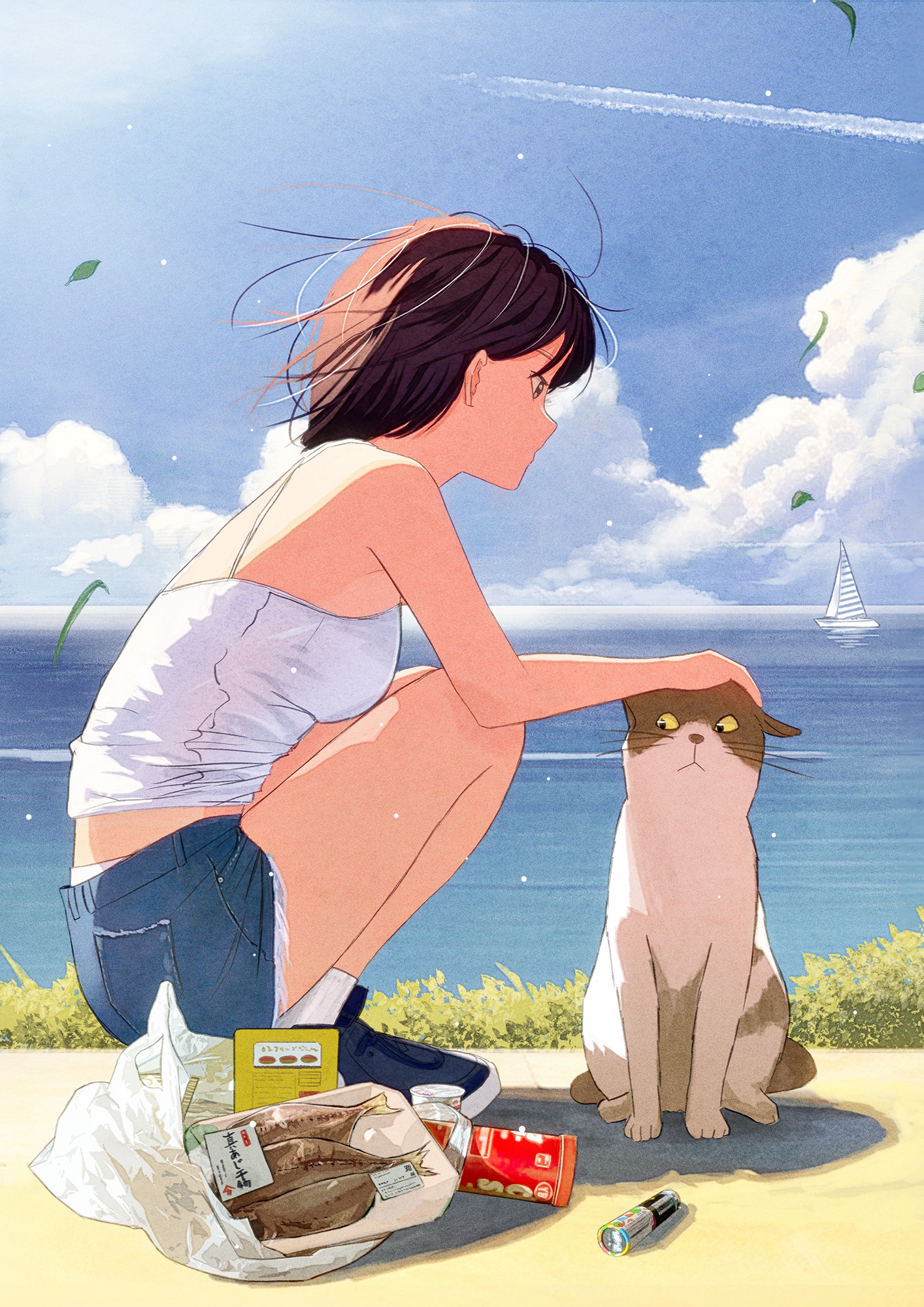 Girl petting a cat by the sea with food HD Phone Wallpaper