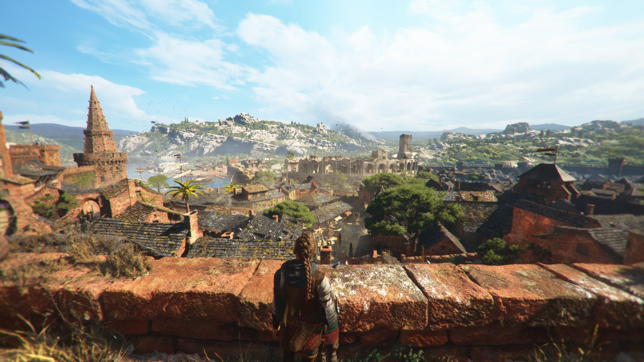 Amicia overlooking a medieval city in A Plague Tale Requiem HD Wallpaper