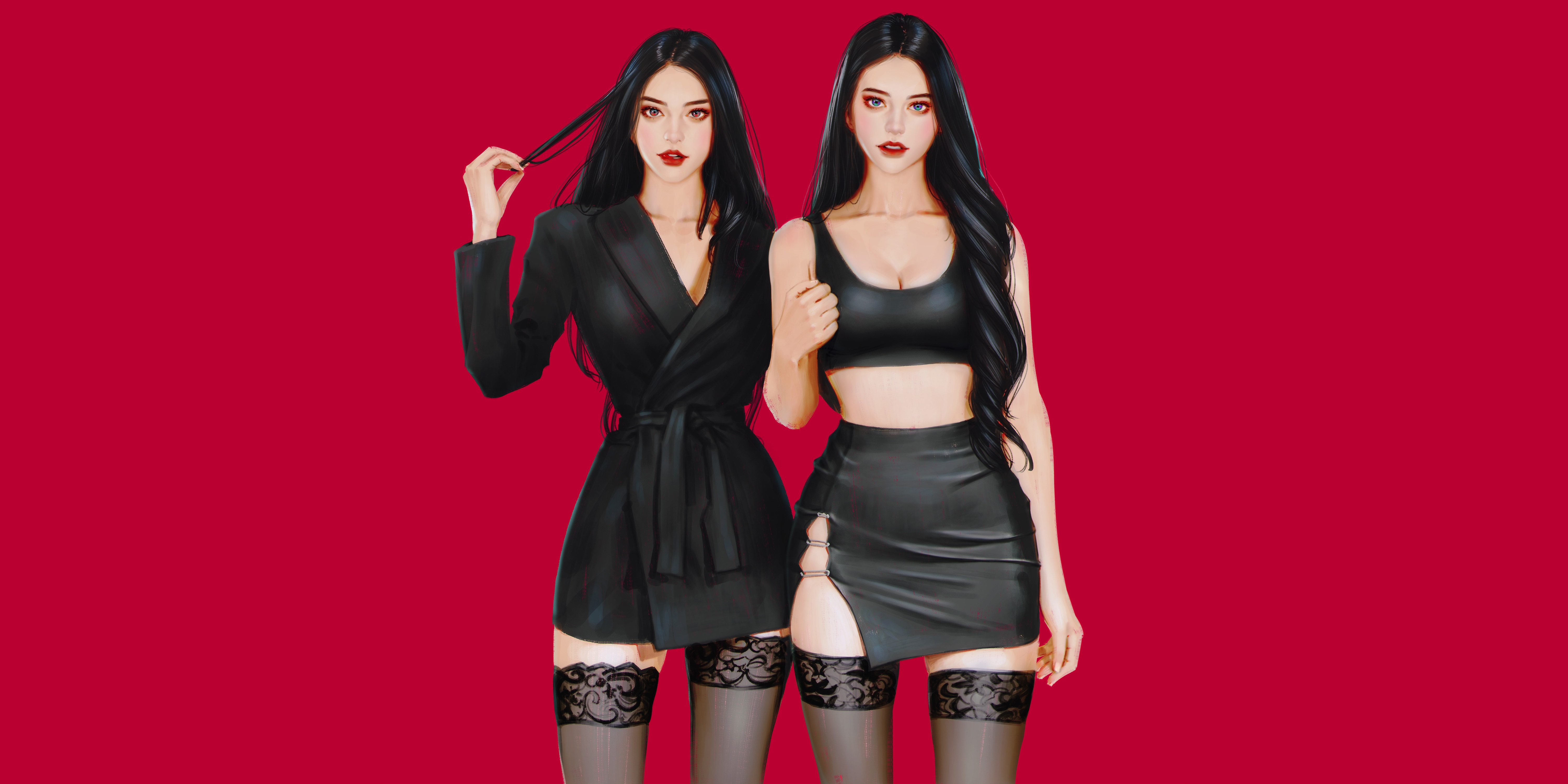 Two Asian women in black outfits and stockings HD Wallpaper