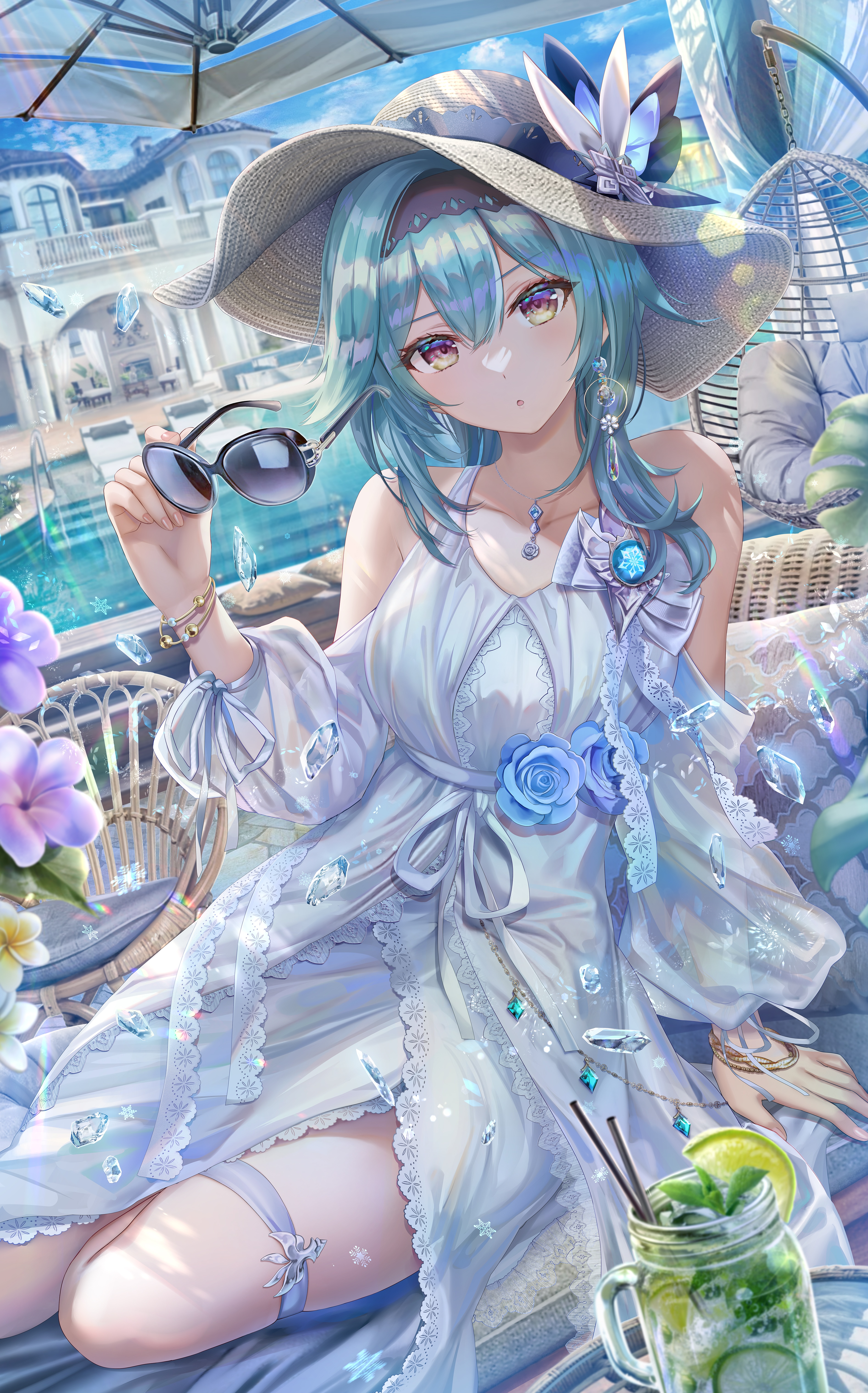 Eula in a white dress with a hat and sunglasses by the pool HD Phone Wallpaper